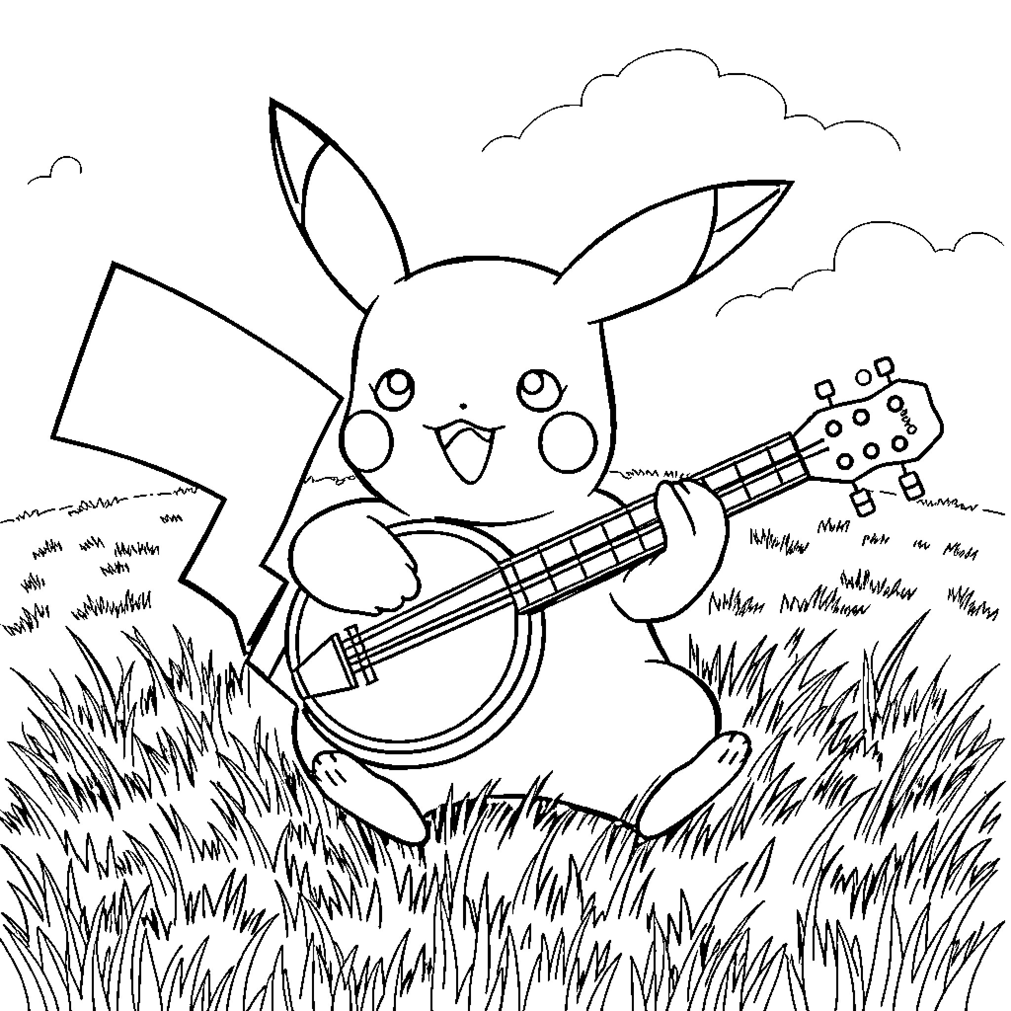 Pikachu playing guitar in a grassy field Coloring Page (free black-and-white line drawing printable PDF for all, from beginners to advanced learners, including children, teens, adults, and seniors)