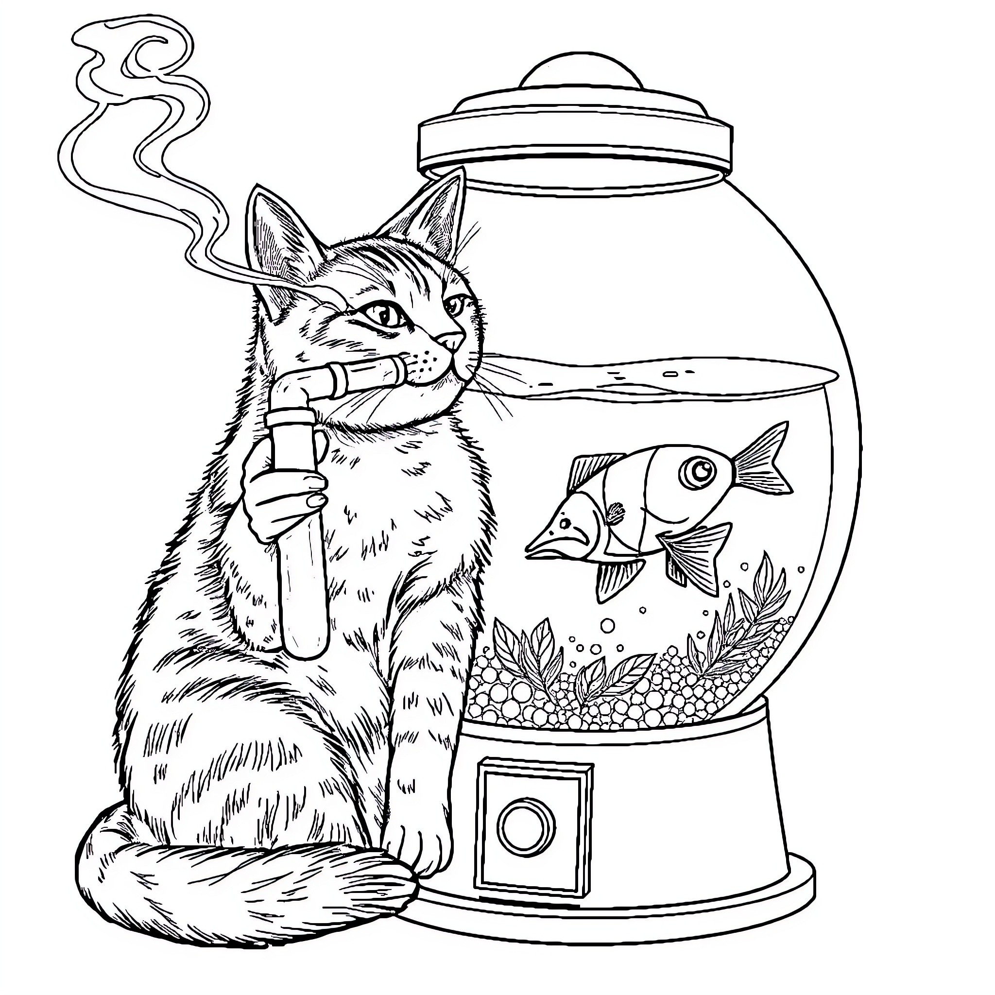 Cat Gazing at Fish in Aquarium Coloring Page (free black-and-white line drawing printable PDF for all, from beginners to advanced learners, including children, teens, adults, and seniors)