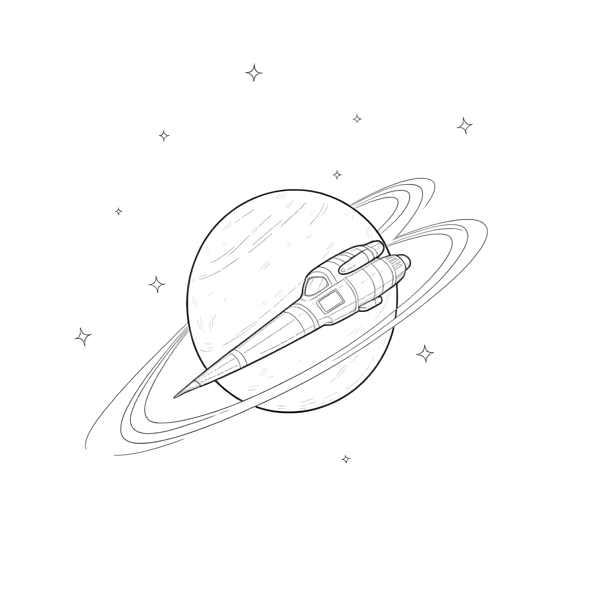 Spaceship soaring through the cosmic landscape Coloring Page (free black-and-white line drawing printable PDF for all, from beginners to advanced learners, including children, teens, adults, and seniors)