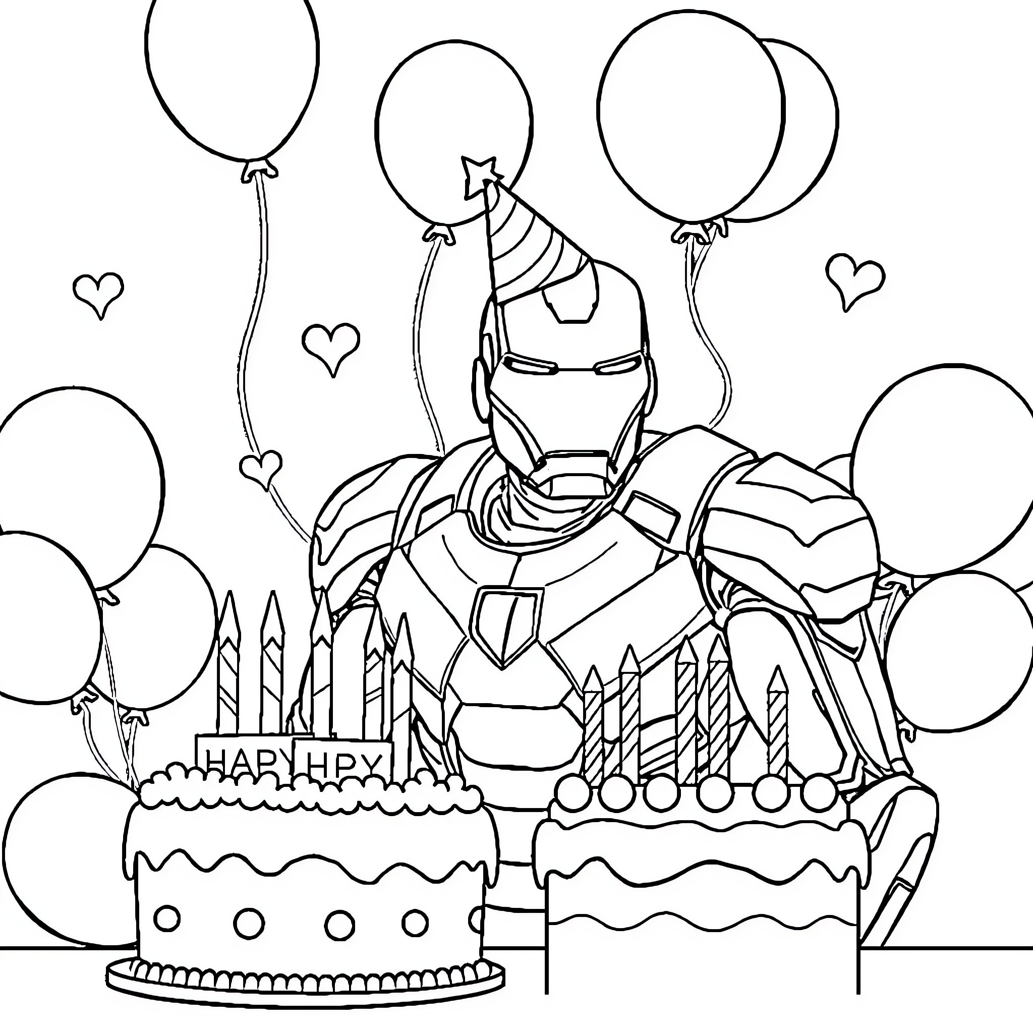 Ironman celebrating a birthday with balloons and cake Coloring Page (free black-and-white line drawing printable PDF for all, from beginners to advanced learners, including children, teens, adults, and seniors)