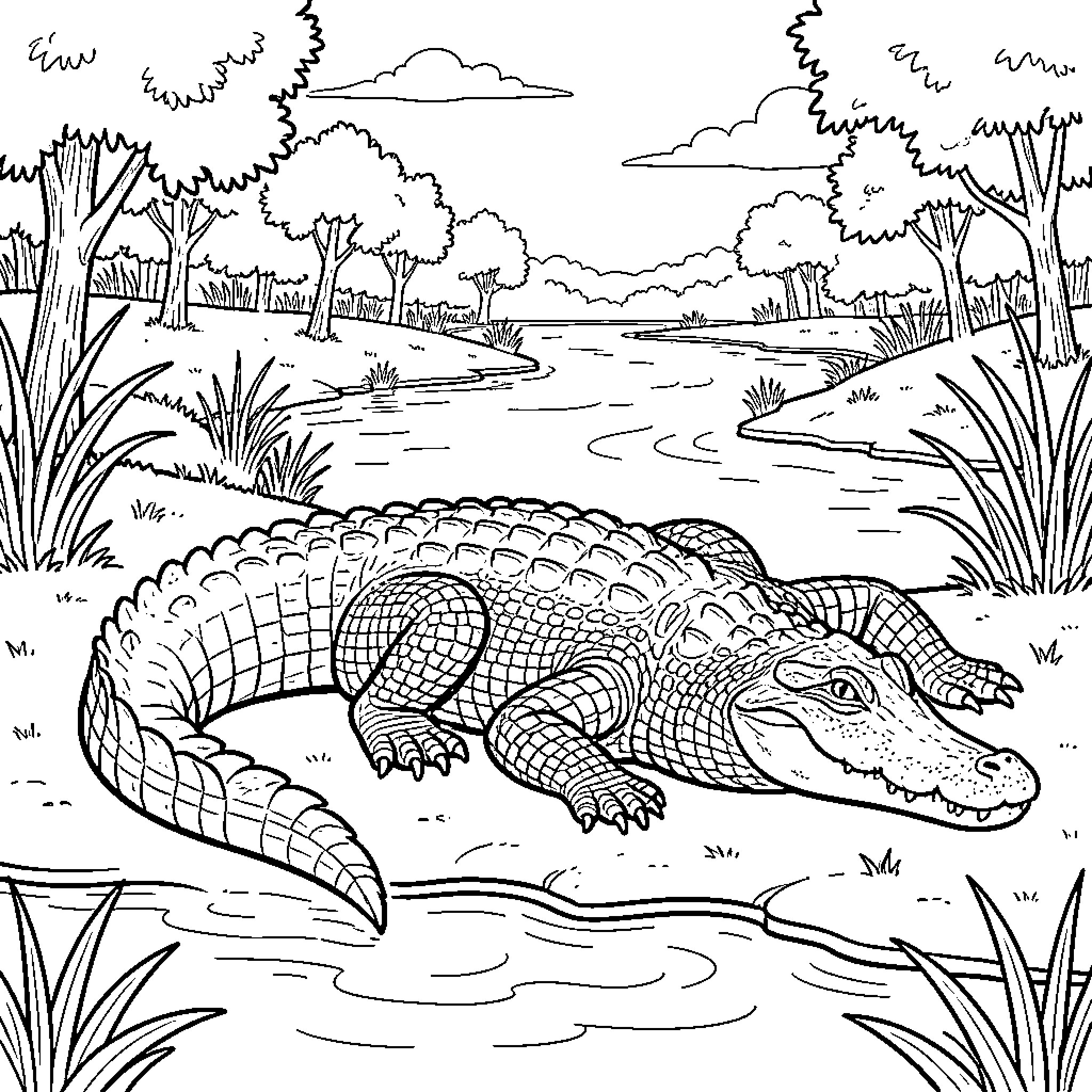 Crocodile resting by the tranquil lake Coloring Page (free black-and-white line drawing printable PDF for all, from beginners to advanced learners, including children, teens, adults, and seniors)