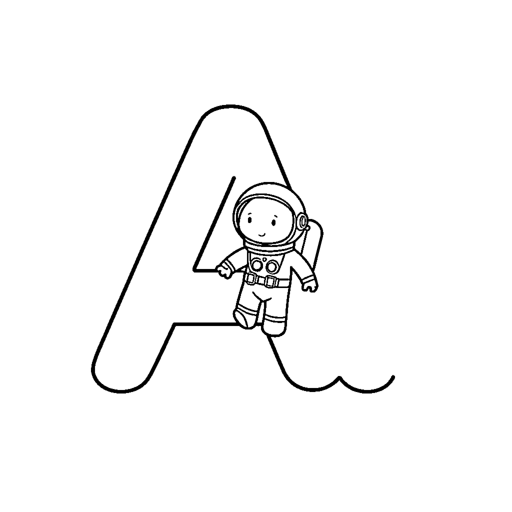 Letter A with Astronaut in Outline Coloring Page (free black-and-white line drawing printable PDF for all, from beginners to advanced learners, including children, teens, adults, and seniors)