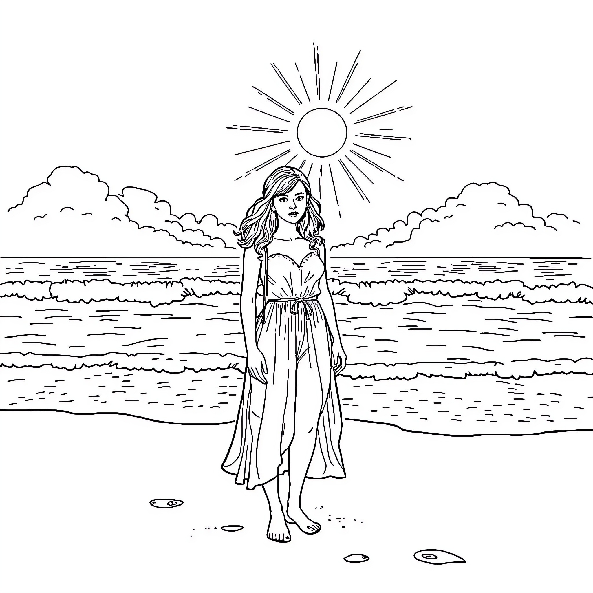 Emma Watson enjoying a serene day at the beach Coloring Page (free black-and-white line drawing printable PDF for all, from beginners to advanced learners, including children, teens, adults, and seniors)