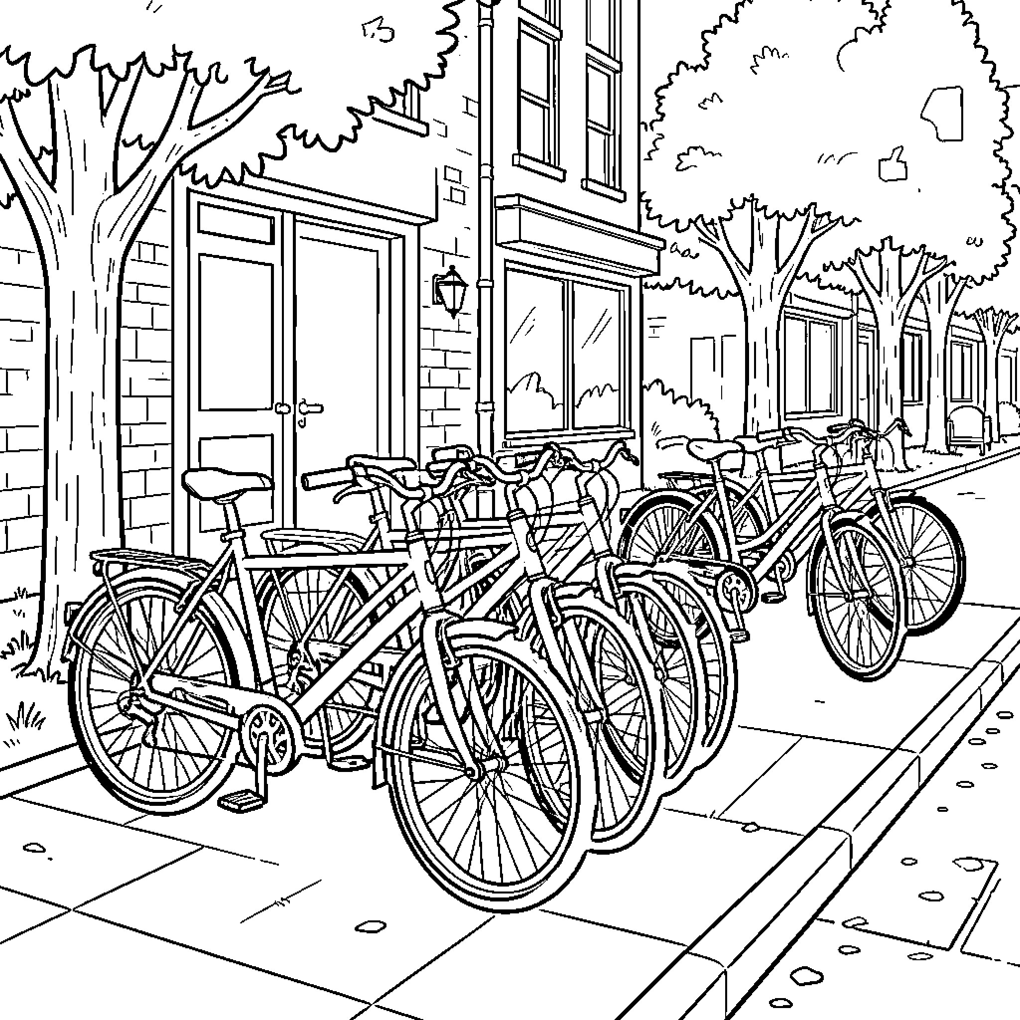 Bike parked in a row along a city street Coloring Page (free black-and-white line drawing printable PDF for all, from beginners to advanced learners, including children, teens, adults, and seniors)