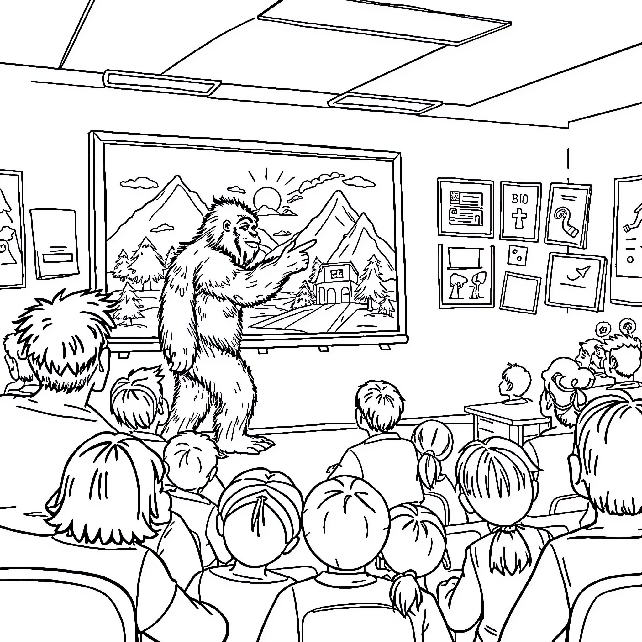 Bigfoot giving a presentation to a classroom of students Coloring Page (free black-and-white line drawing printable PDF for all, from beginners to advanced learners, including children, teens, adults, and seniors)