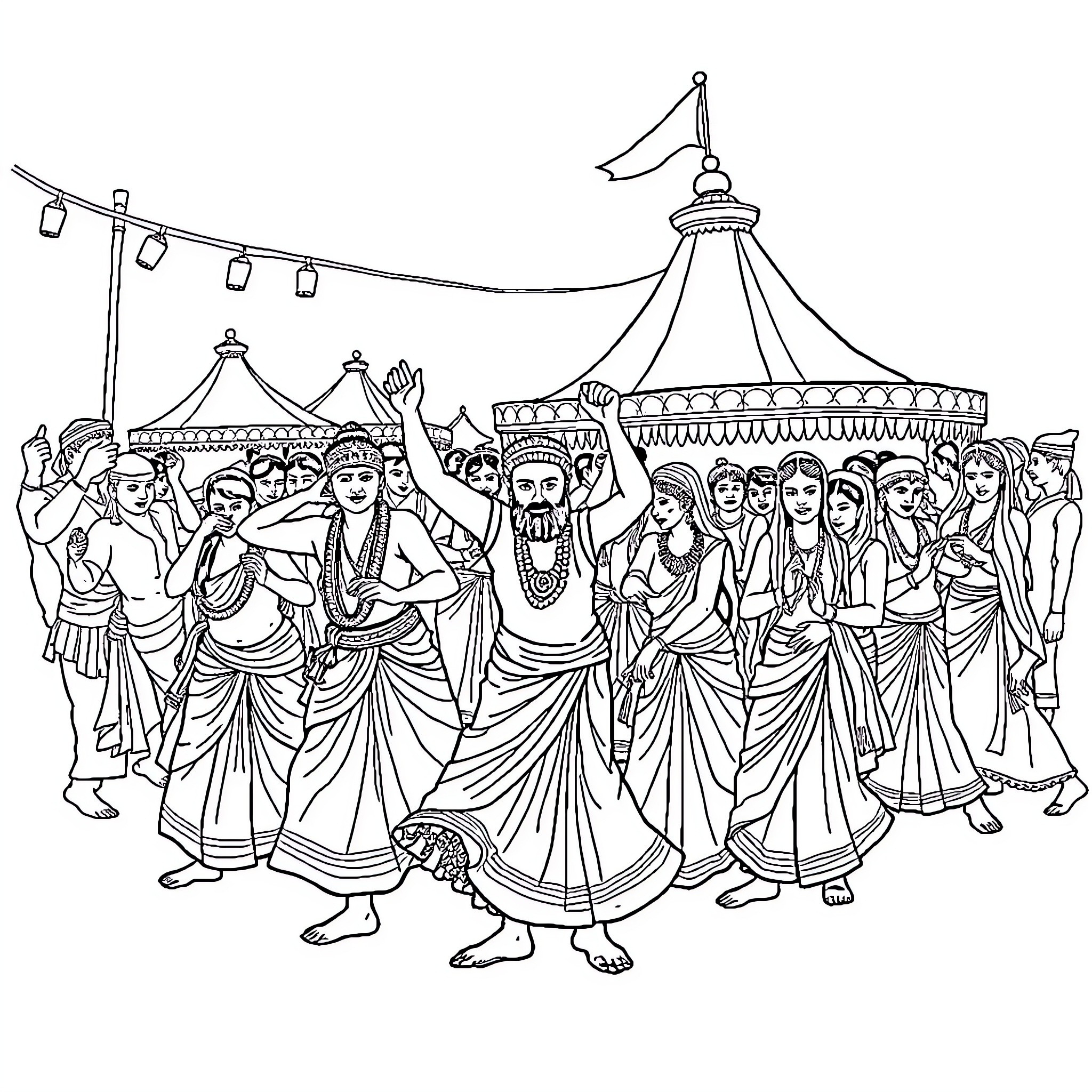 Bihar Faumas: People Celebrating with Traditional Attire and Festivities Coloring Page (free black-and-white line drawing printable PDF for all, from beginners to advanced learners, including children, teens, adults, and seniors)