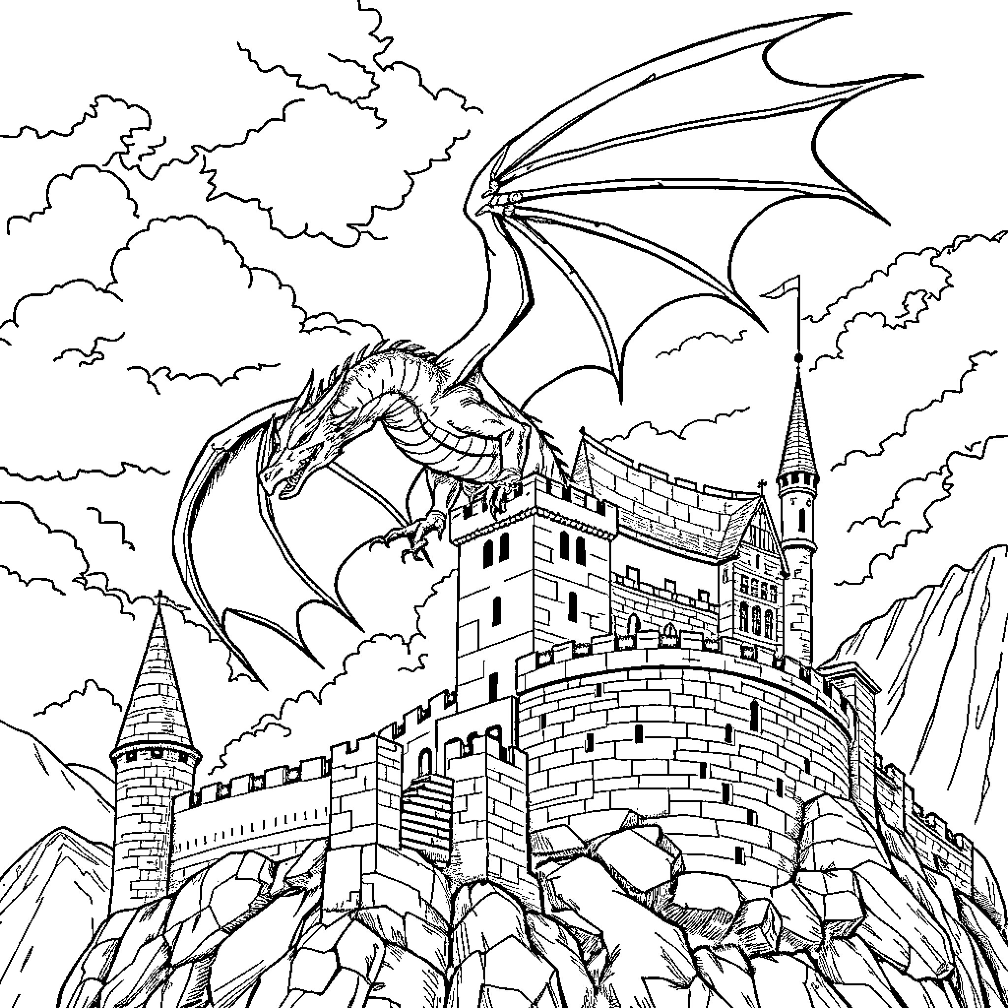 Dragon soaring over majestic castle in the clouds Coloring Page (free black-and-white line drawing printable PDF for all, from beginners to advanced learners, including children, teens, adults, and seniors)