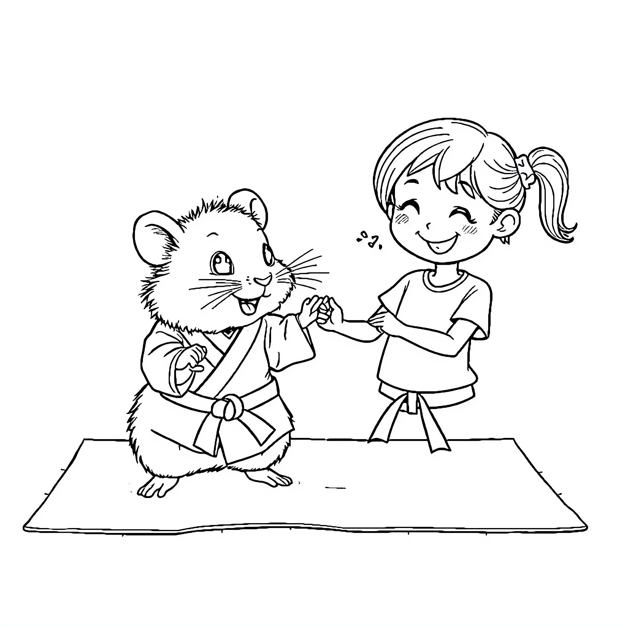 Hamster learning martial arts with young girl Coloring Page (free black-and-white line drawing printable PDF for all, from beginners to advanced learners, including children, teens, adults, and seniors)