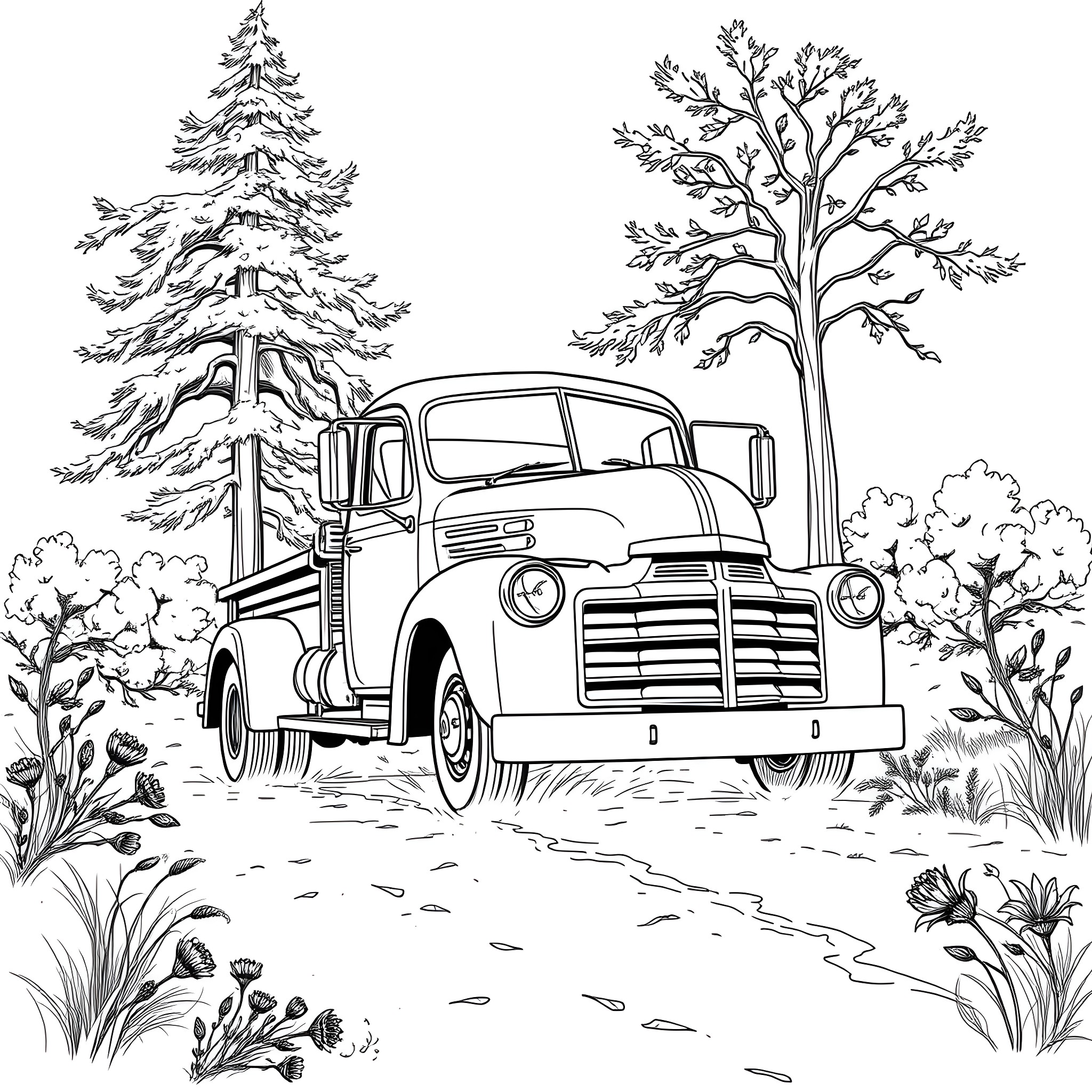 Truck in a serene forest landscape Coloring Page (free black-and-white line drawing printable PDF for all, from beginners to advanced learners, including children, teens, adults, and seniors)
