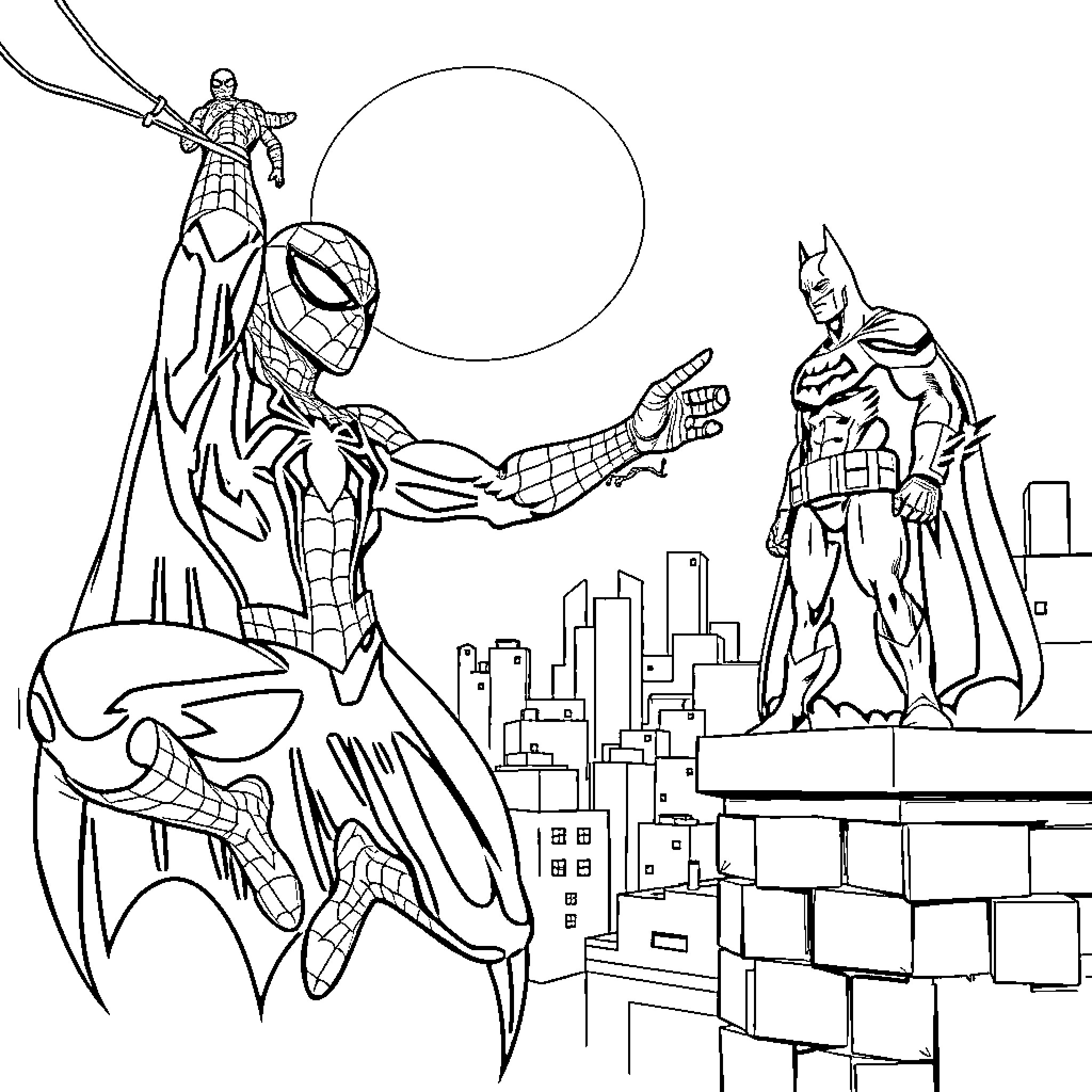Spiderman and Batman battle in the city skyline Coloring Page (free black-and-white line drawing printable PDF for all, from beginners to advanced learners, including children, teens, adults, and seniors)