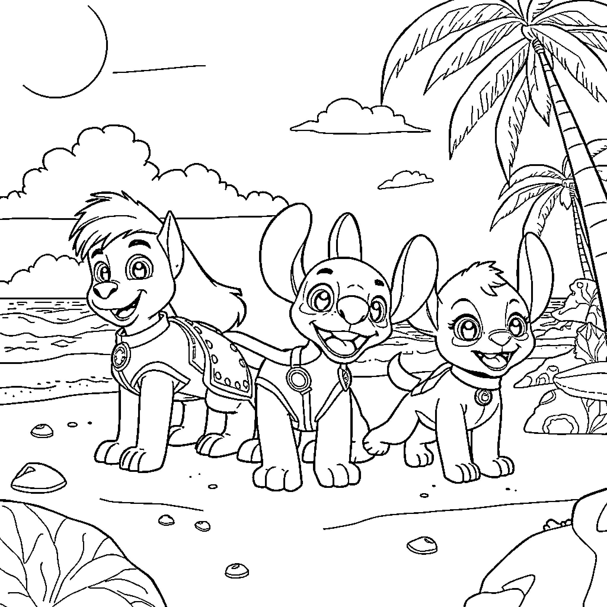 Paw Patrol Pups on a Tropical Beach Adventure Coloring Page (free black-and-white line drawing printable PDF for all, from beginners to advanced learners, including children, teens, adults, and seniors)