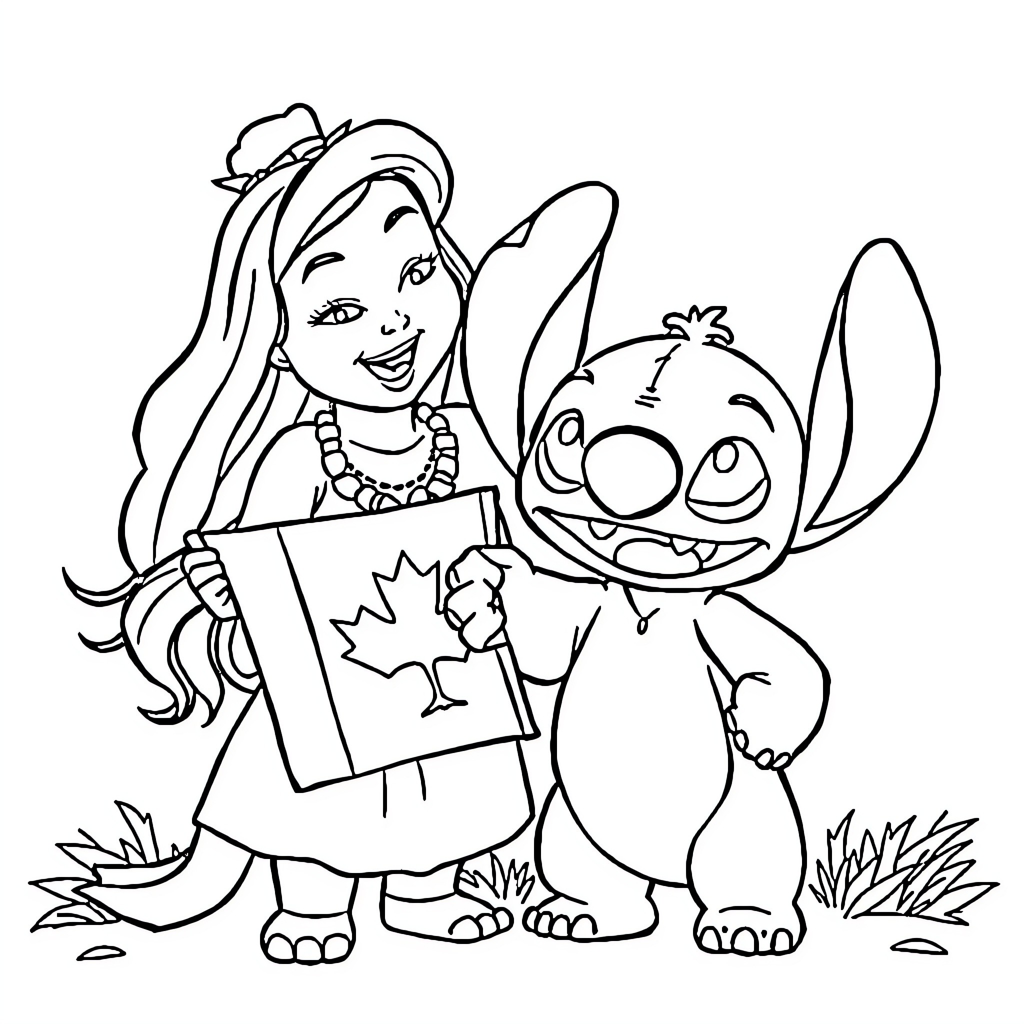 Lilo And Stitch Exploring the Outdoors Together Coloring Page (free black-and-white line drawing printable PDF for all, from beginners to advanced learners, including children, teens, adults, and seniors)