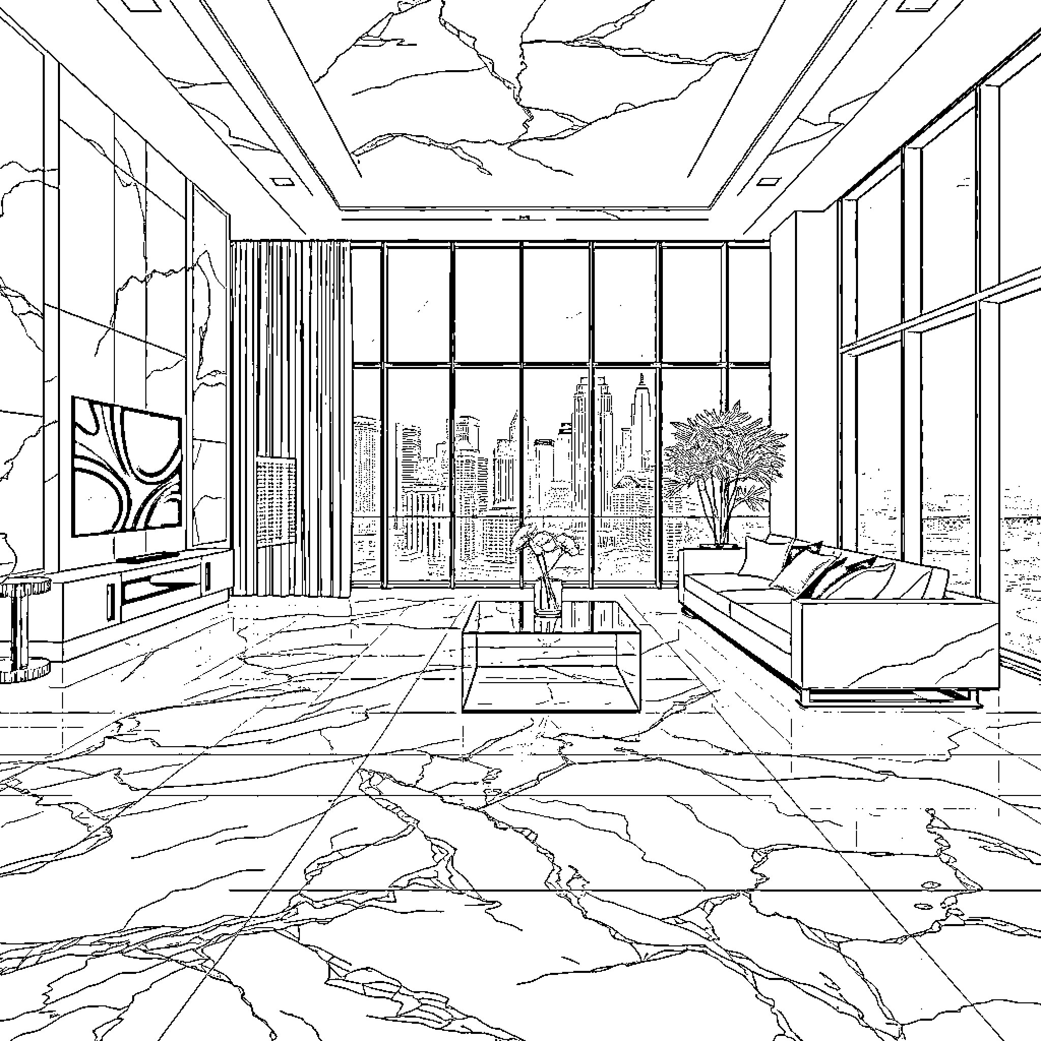 Interior of a Modern and Stylish Apartment Coloring Page (free black-and-white line drawing printable PDF for all, from beginners to advanced learners, including children, teens, adults, and seniors)