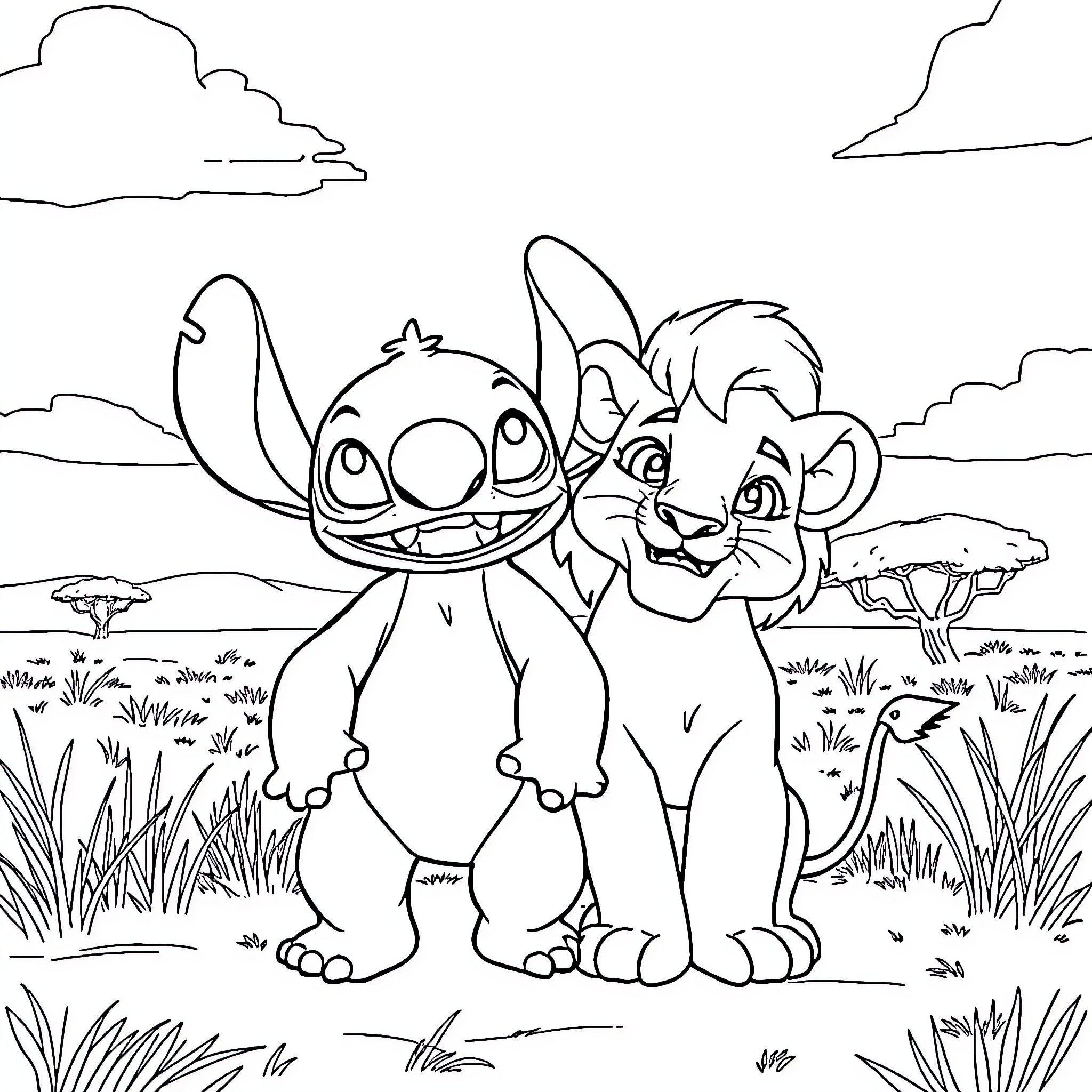 Stitch and Simba playing happily in the savanna Coloring Page (free black-and-white line drawing printable PDF for all, from beginners to advanced learners, including children, teens, adults, and seniors)