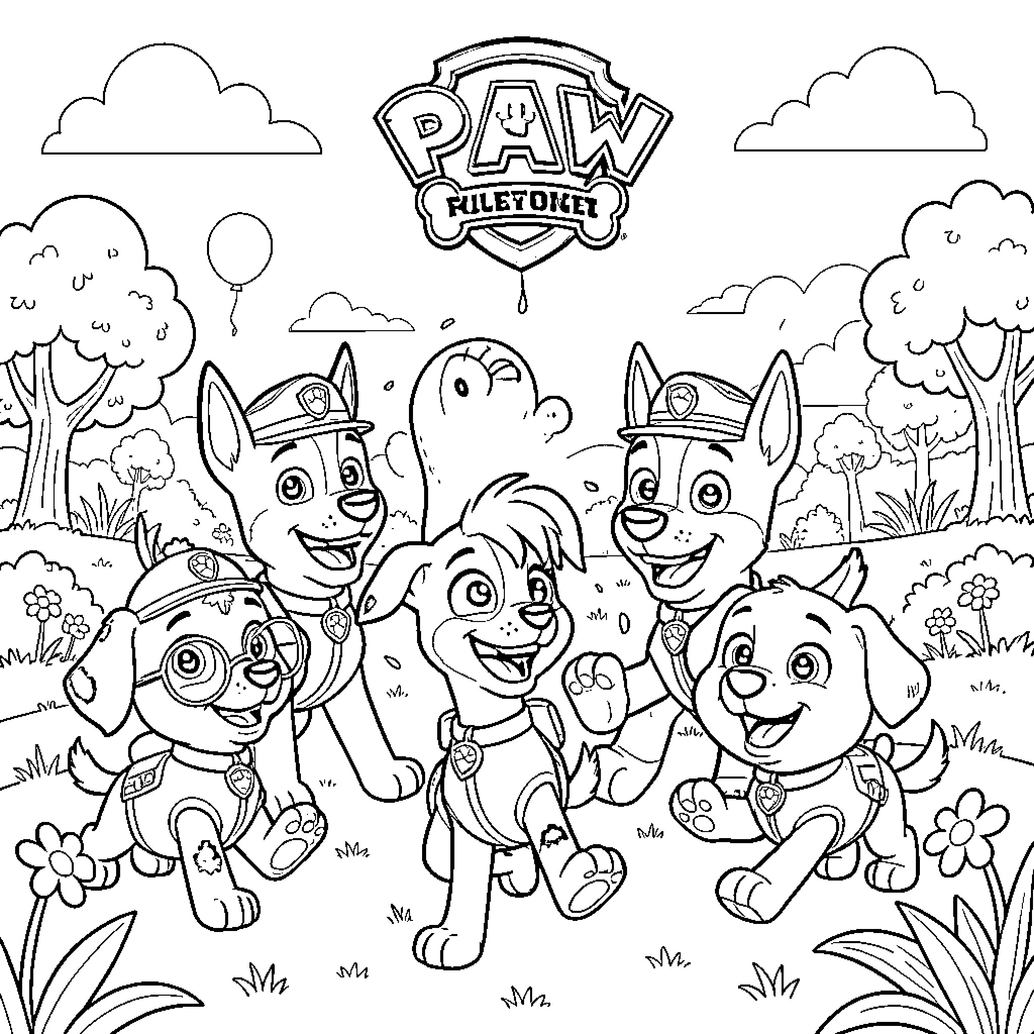 Paw Patrol pups smiling and playing in a park Coloring Page (free black-and-white line drawing printable PDF for all, from beginners to advanced learners, including children, teens, adults, and seniors)