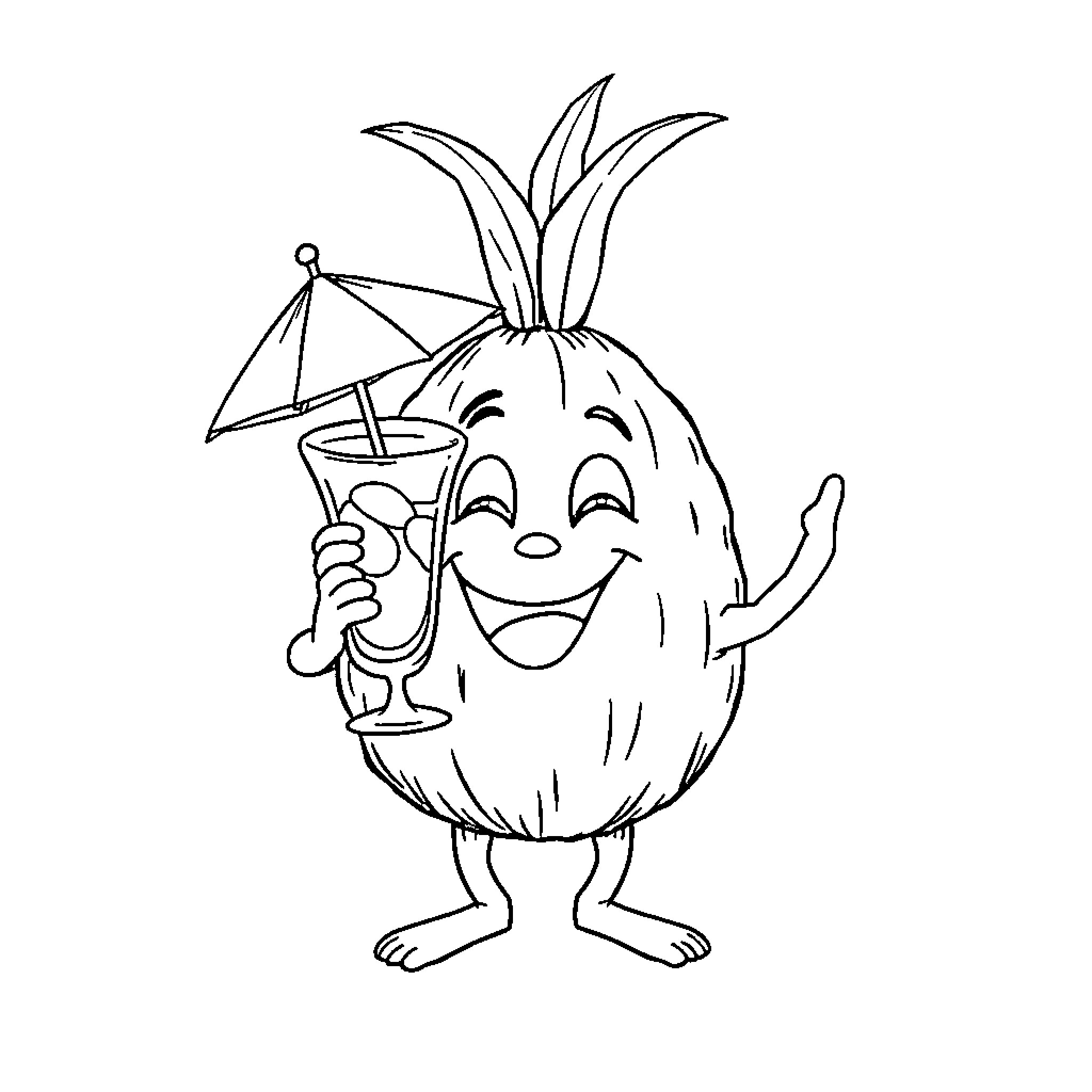 Coconut enjoying a tropical cocktail Coloring Page (free black-and-white line drawing printable PDF for all, from beginners to advanced learners, including children, teens, adults, and seniors)