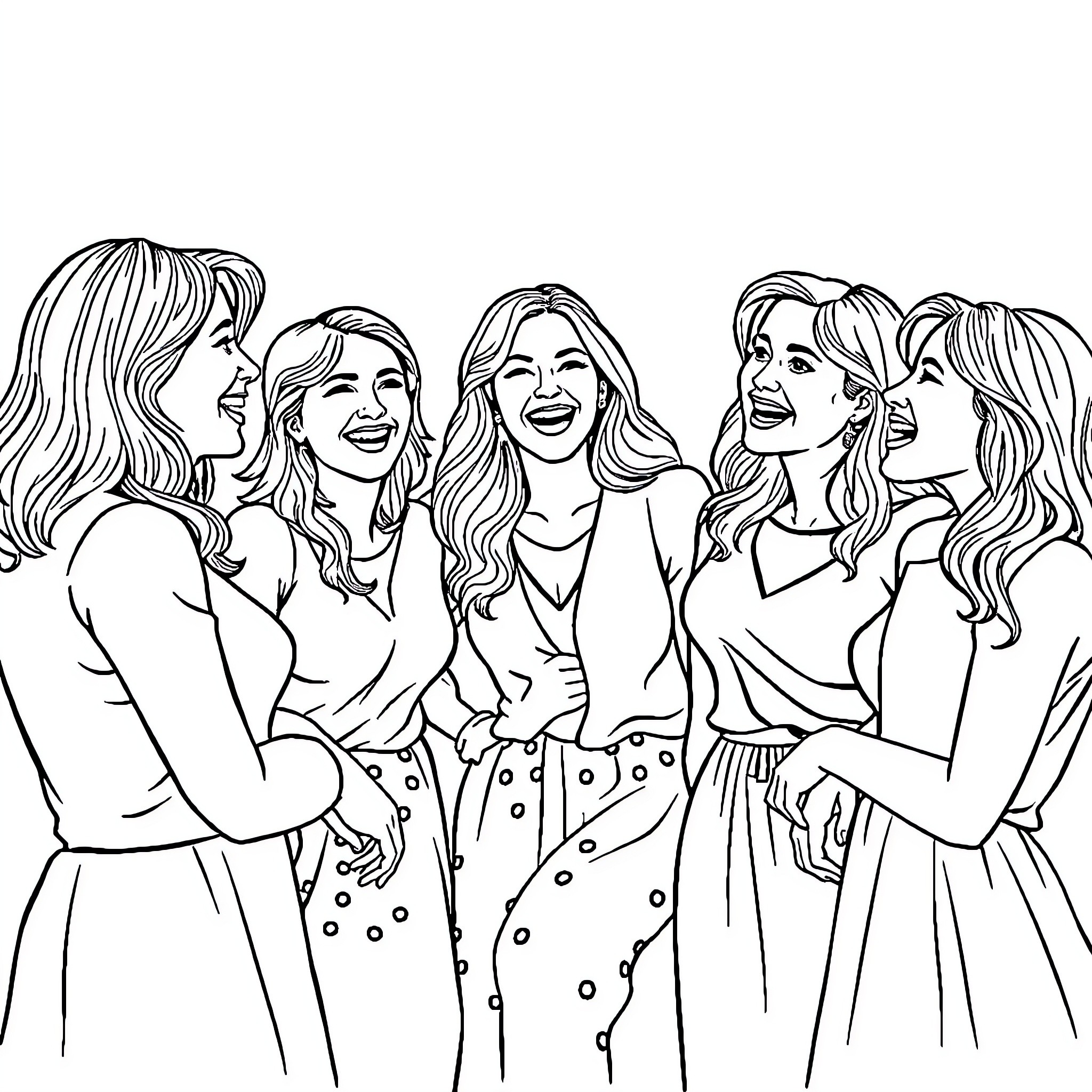 Woman enjoying a fun gathering with friends Coloring Page (free black-and-white line drawing printable PDF for all, from beginners to advanced learners, including children, teens, adults, and seniors)