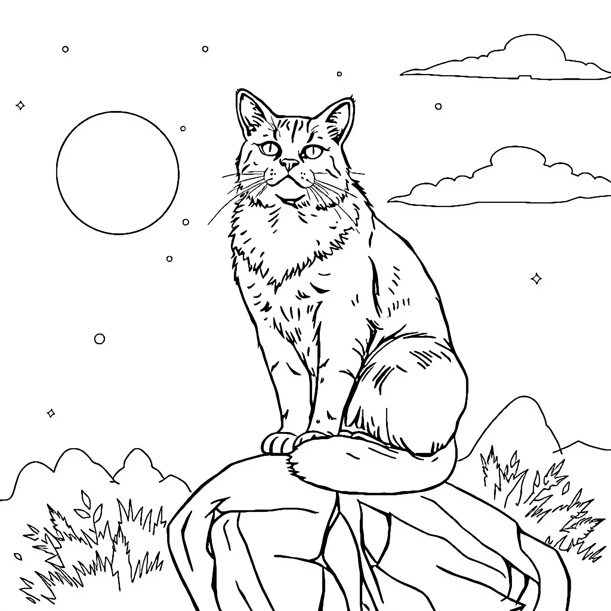 Cat on a rocky outcrop under the night sky Coloring Page (free black-and-white line drawing printable PDF for all, from beginners to advanced learners, including children, teens, adults, and seniors)