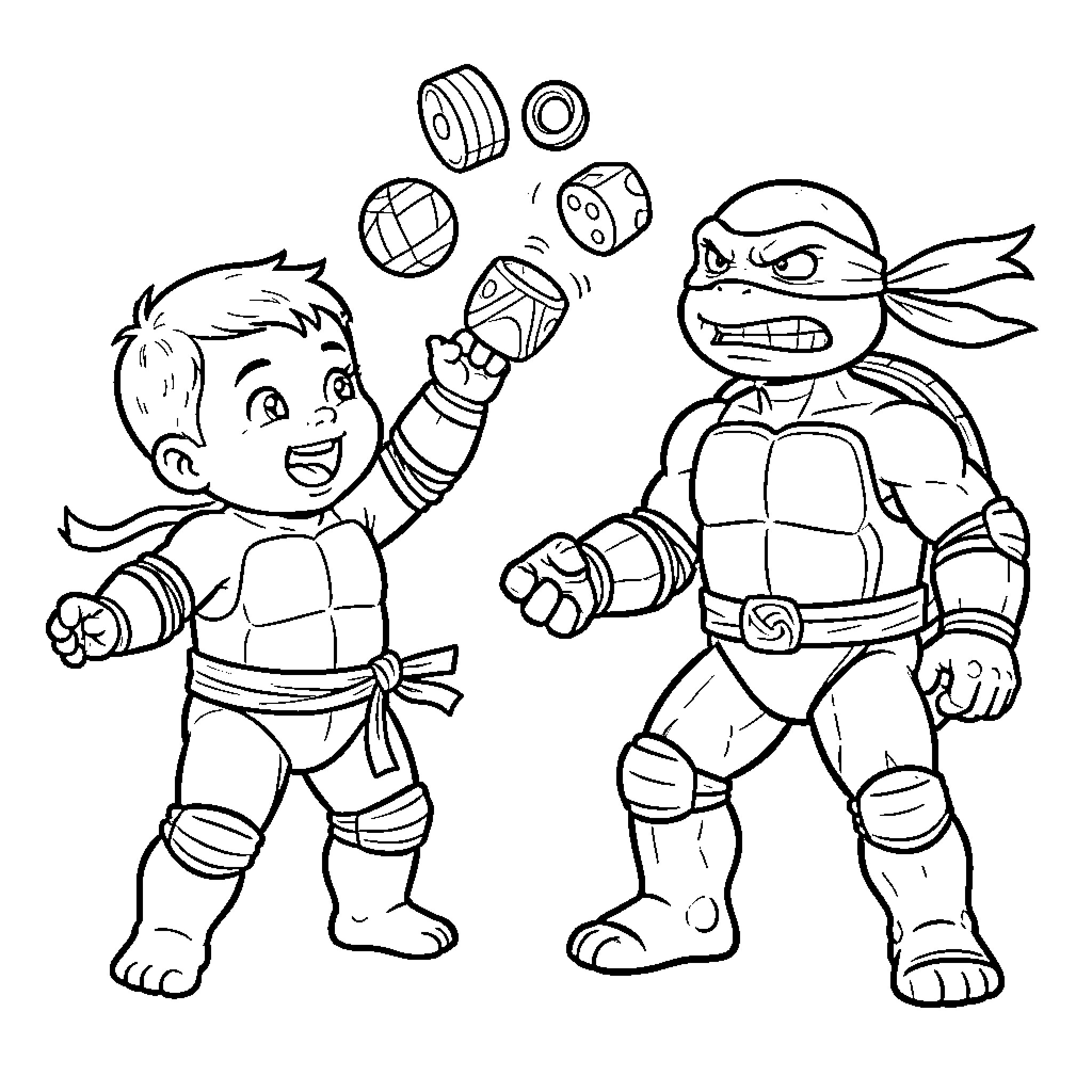Ninja Turtle Friends Playing and Sparring Coloring Page (free black-and-white line drawing printable PDF for all, from beginners to advanced learners, including children, teens, adults, and seniors)