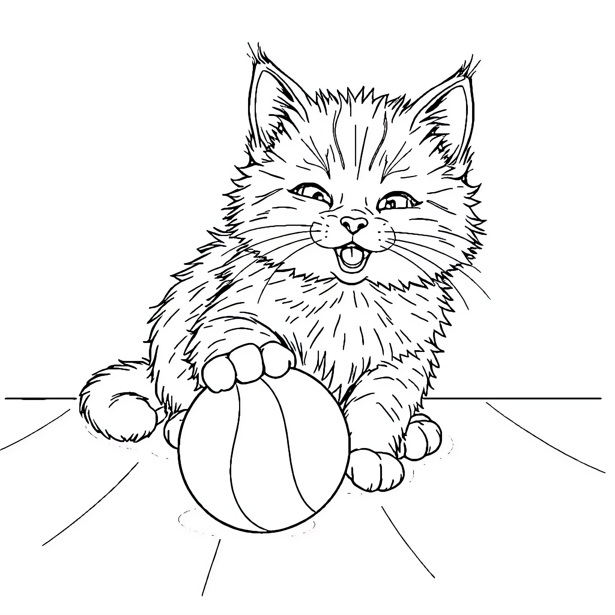 Cat playing with a ball Coloring Page (free black-and-white line drawing printable PDF for all, from beginners to advanced learners, including children, teens, adults, and seniors)