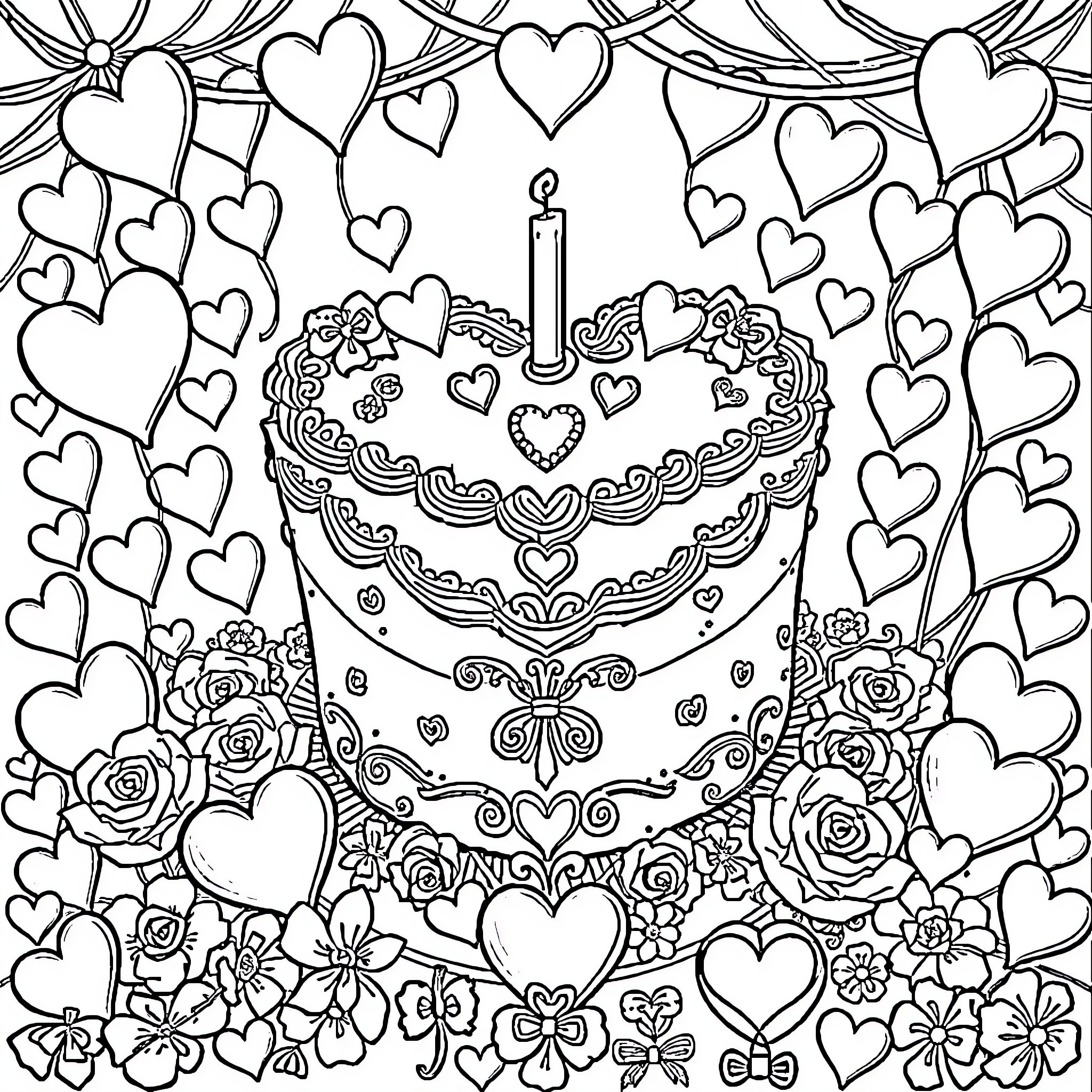 Heart-shaped Cake and Flowers Surrounded by Hearts Coloring Page (free black-and-white line drawing printable PDF for all, from beginners to advanced learners, including children, teens, adults, and seniors)