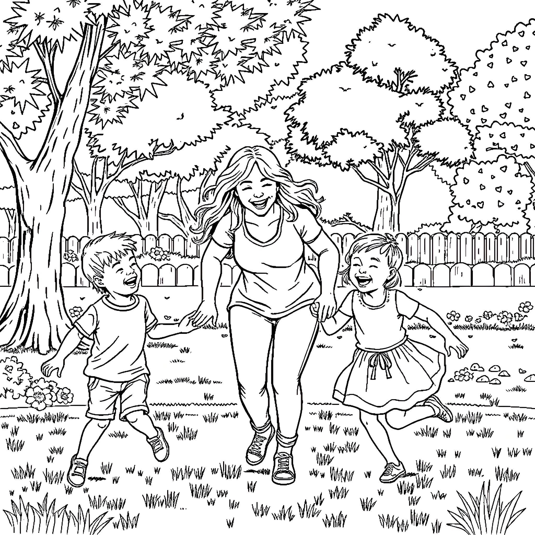 Child playing with family in garden Coloring Page (free black-and-white line drawing printable PDF for all, from beginners to advanced learners, including children, teens, adults, and seniors)