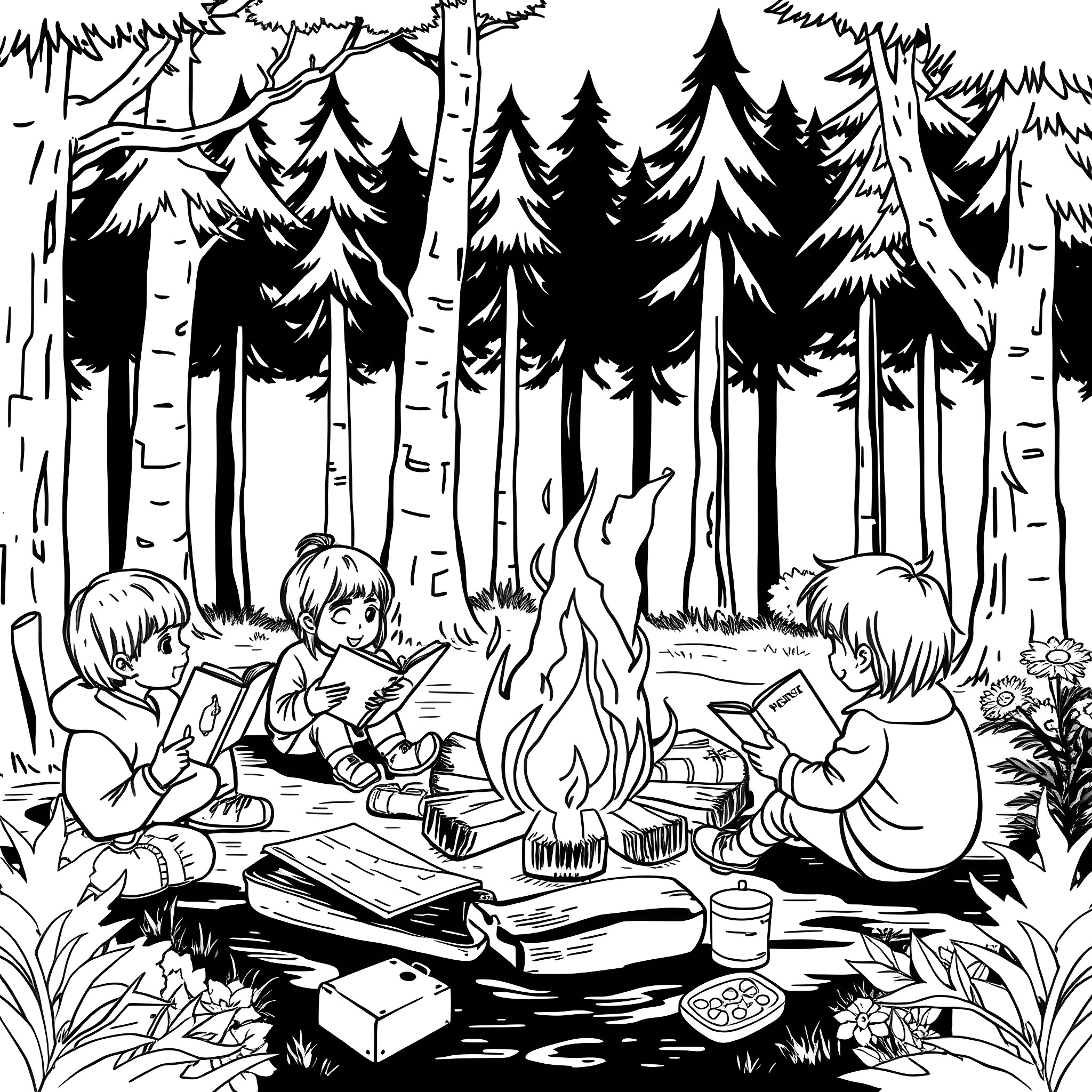 Kids Enjoying Campfire in Woodland Coloring Page (free black-and-white line drawing printable PDF for all, from beginners to advanced learners, including children, teens, adults, and seniors)