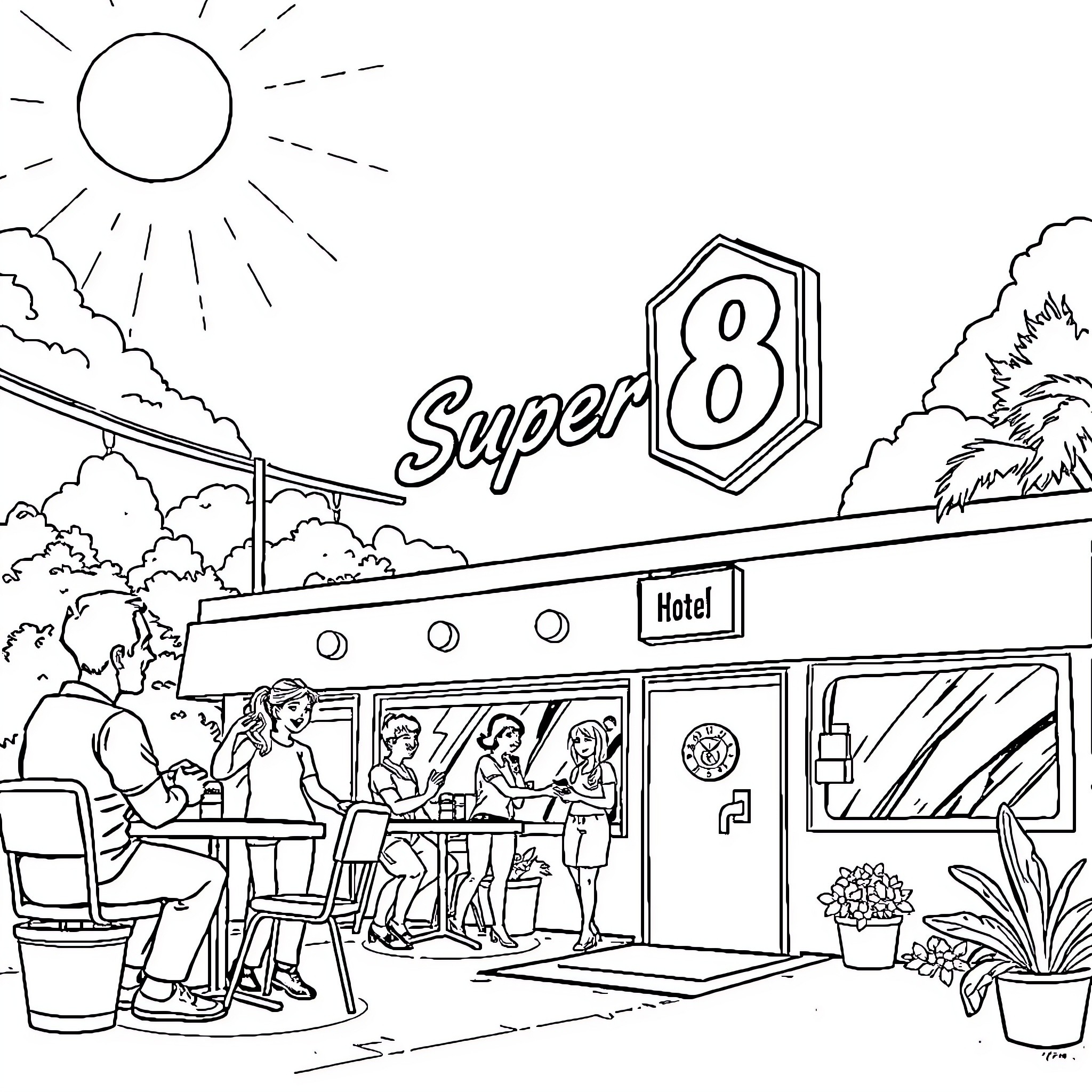 Hotel guests relaxing and dining at the Super 8 hotel Coloring Page (free black-and-white line drawing printable PDF for all, from beginners to advanced learners, including children, teens, adults, and seniors)
