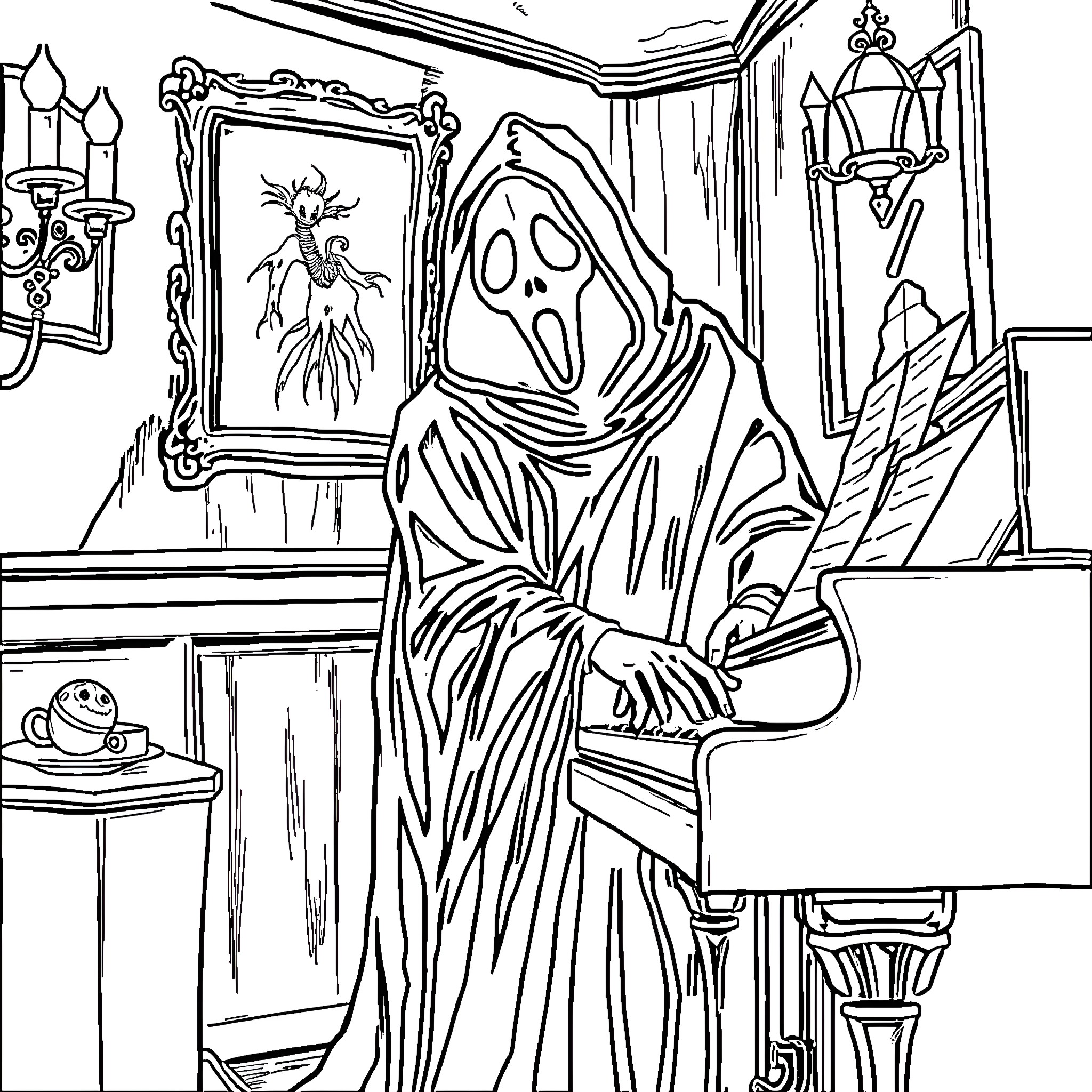 Ghostface in a Haunted Chamber Coloring Page (free black-and-white line drawing printable PDF for all, from beginners to advanced learners, including children, teens, adults, and seniors)