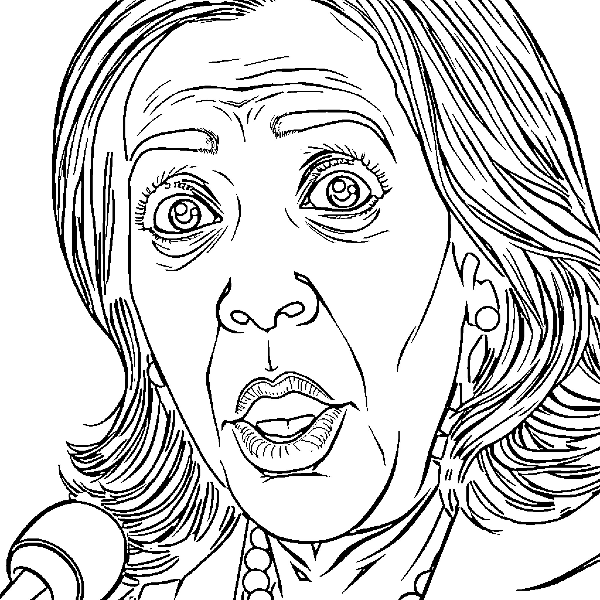 Kamala Harris speaking passionately at podium Coloring Page (free black-and-white line drawing printable PDF for all, from beginners to advanced learners, including children, teens, adults, and seniors)