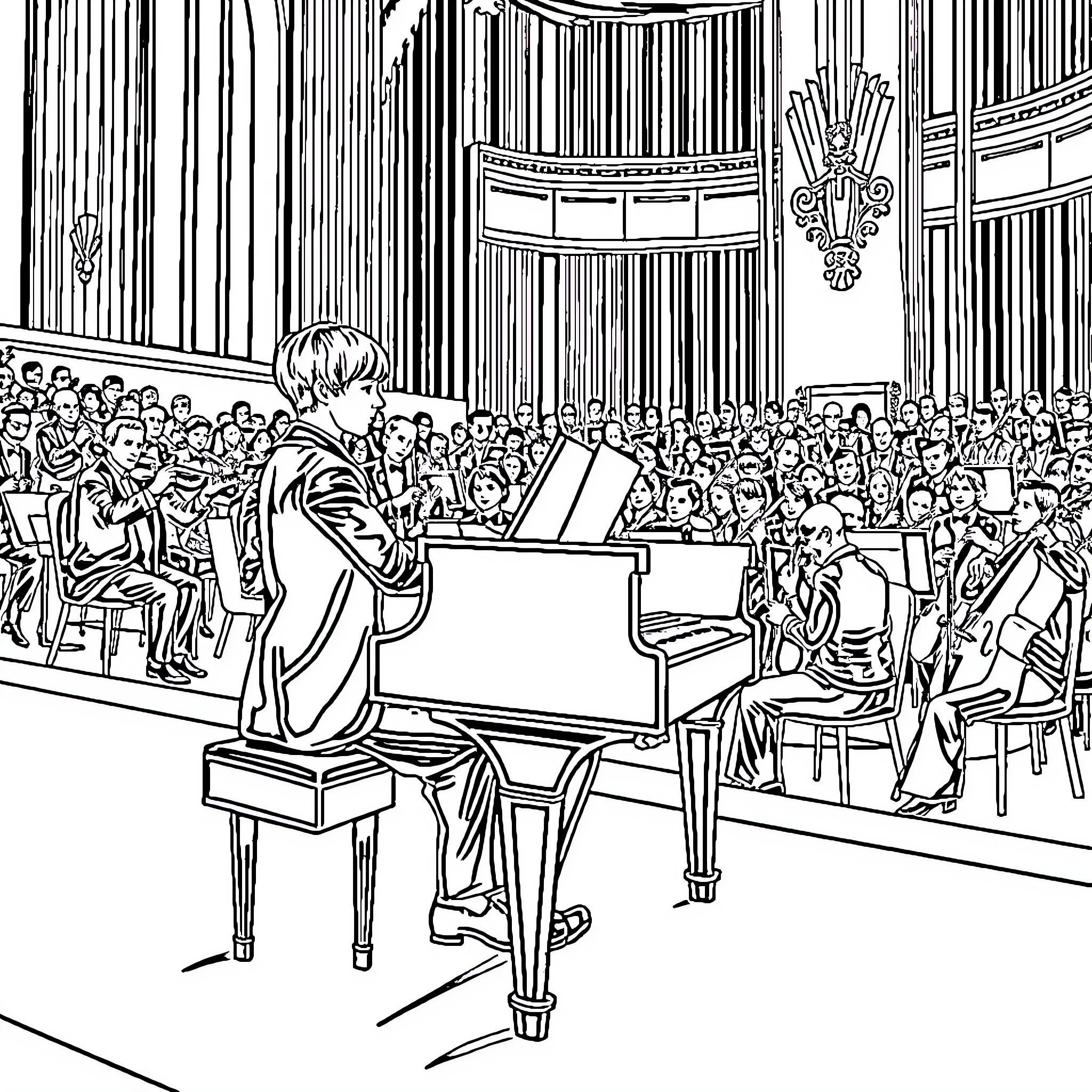 Pianist performing before large audience on stage Coloring Page (free black-and-white line drawing printable PDF for all, from beginners to advanced learners, including children, teens, adults, and seniors)