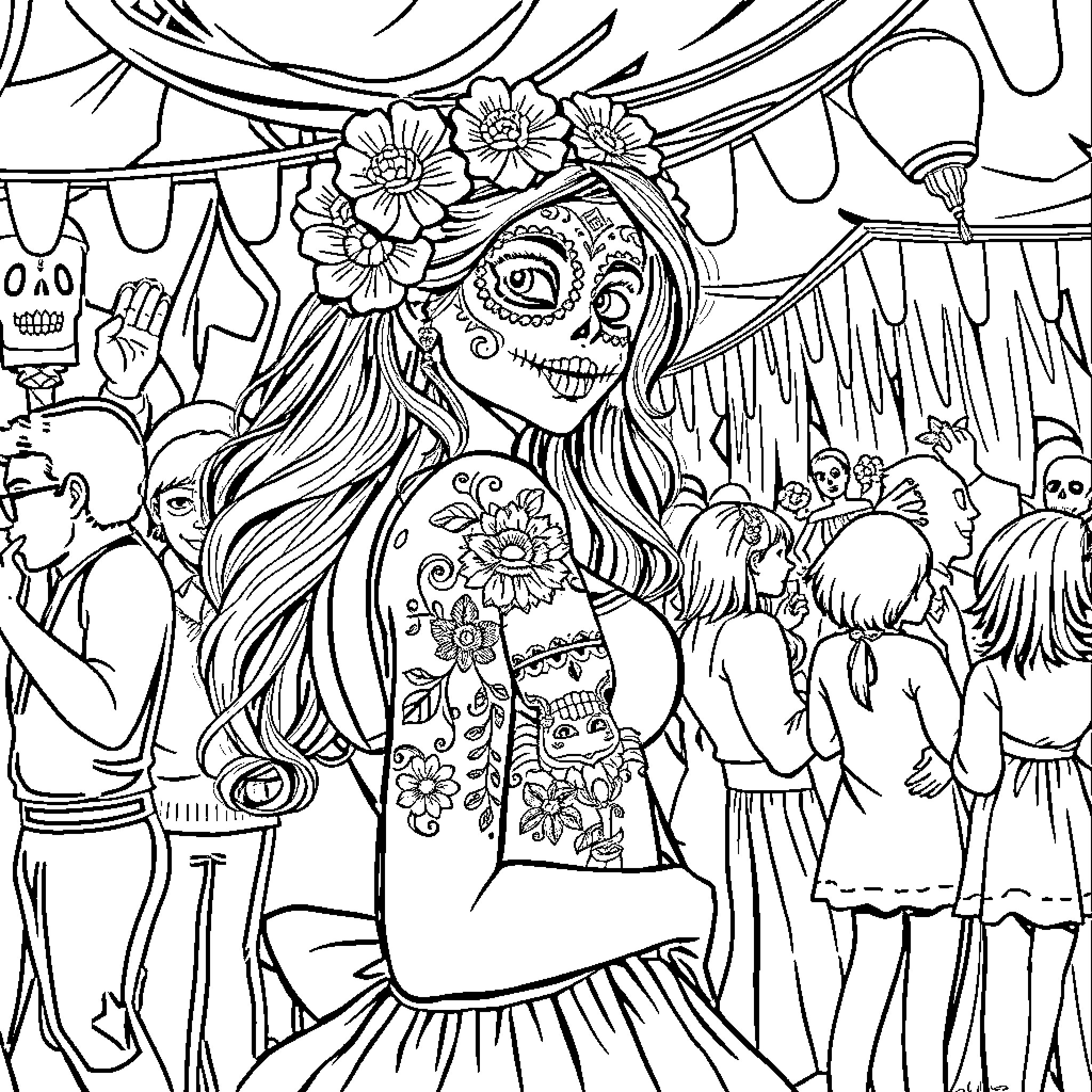 Sugar Skull Woman Celebrating in Festive Crowd Coloring Page (free black-and-white line drawing printable PDF for all, from beginners to advanced learners, including children, teens, adults, and seniors)