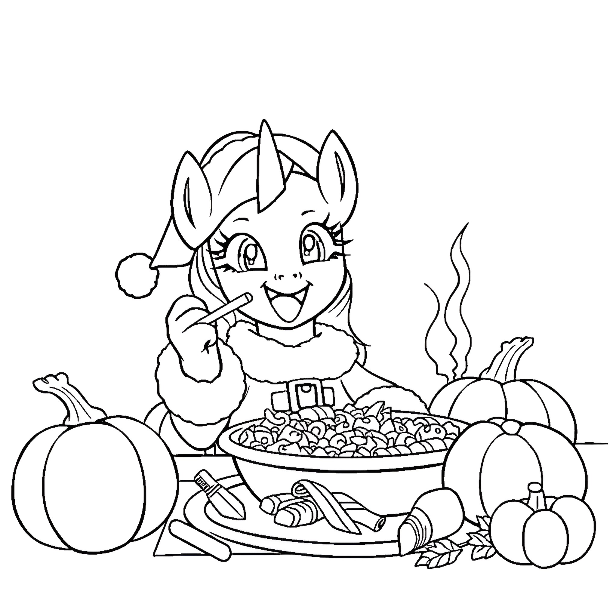 Twilight Sparkle Enjoying a Hearty Autumn Meal Coloring Page (free black-and-white line drawing printable PDF for all, from beginners to advanced learners, including children, teens, adults, and seniors)