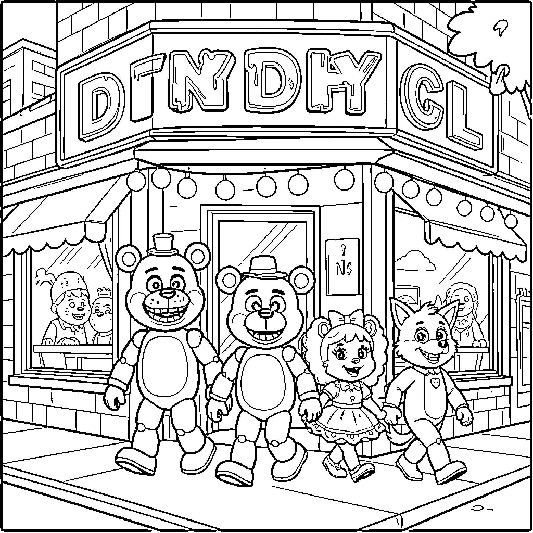 Freddy Fazbear and Friends Enjoying a Day at the Diner Coloring Page (free black-and-white line drawing printable PDF for all, from beginners to advanced learners, including children, teens, adults, and seniors)