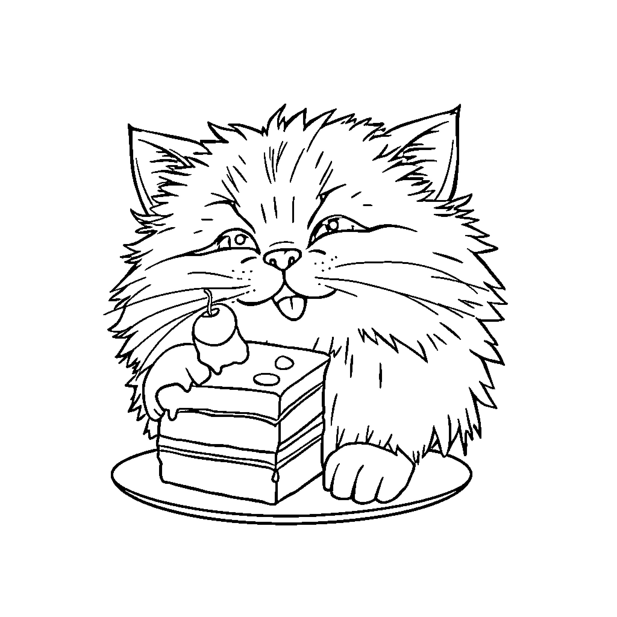 Cat enjoying a slice of cake Coloring Page (free black-and-white line drawing printable PDF for all, from beginners to advanced learners, including children, teens, adults, and seniors)