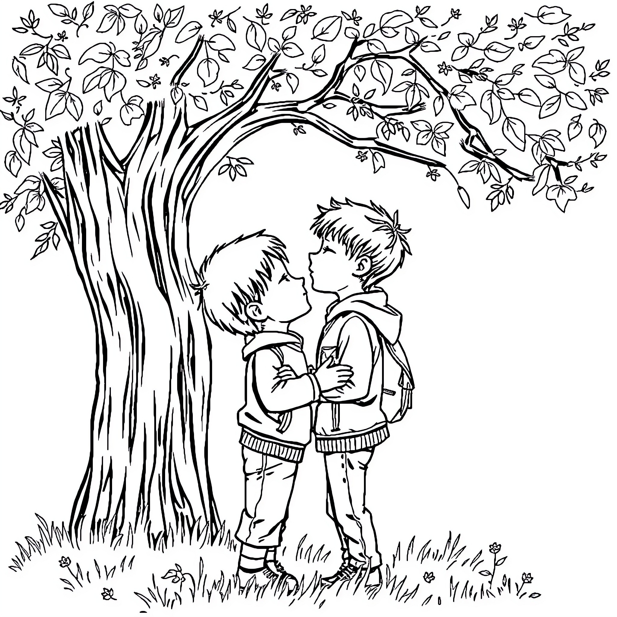 Boy and girl embrace under the tree Coloring Page (free black-and-white line drawing printable PDF for all, from beginners to advanced learners, including children, teens, adults, and seniors)