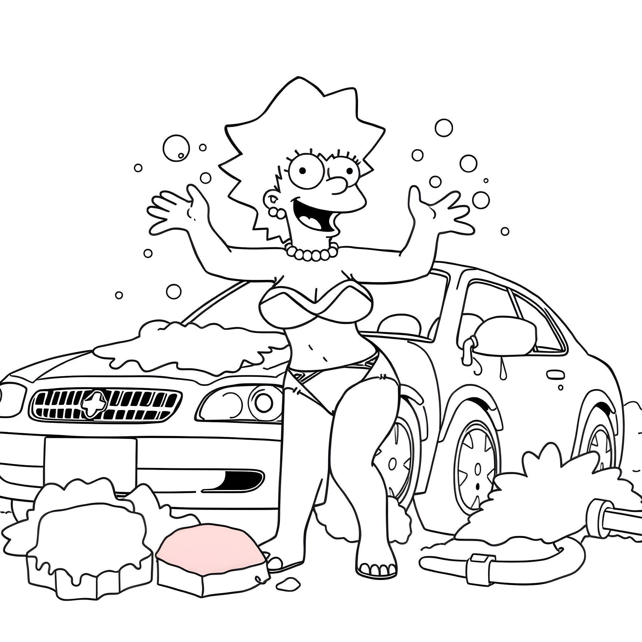 Marge Simpson cleaning her car in the rain Coloring Page (free black-and-white line drawing printable PDF for all, from beginners to advanced learners, including children, teens, adults, and seniors)