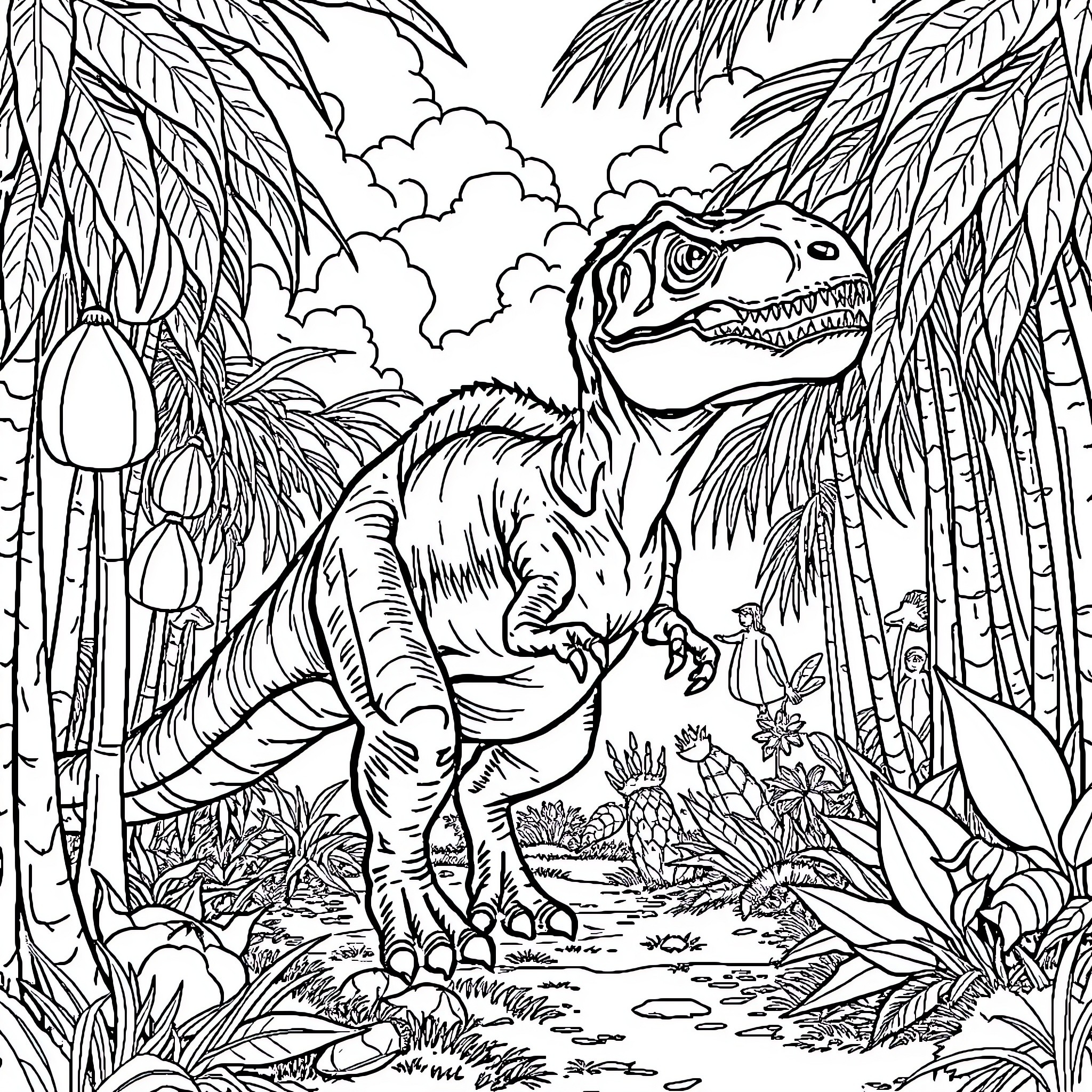 Dinosaur roaming through lush tropical jungle Coloring Page (free black-and-white line drawing printable PDF for all, from beginners to advanced learners, including children, teens, adults, and seniors)