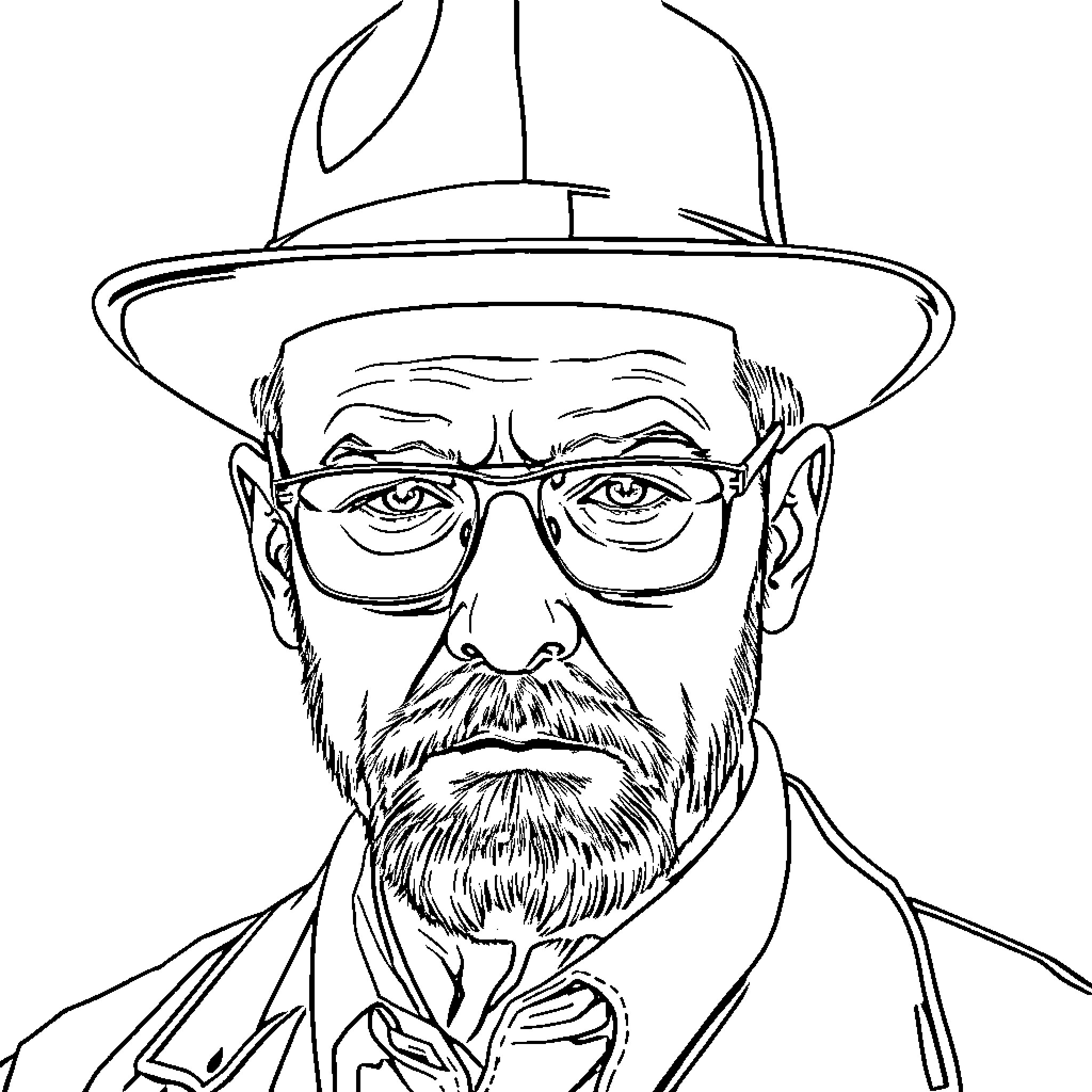 Walter White's Iconic Hat and Glasses Portrait Coloring Page (free black-and-white line drawing printable PDF for all, from beginners to advanced learners, including children, teens, adults, and seniors)