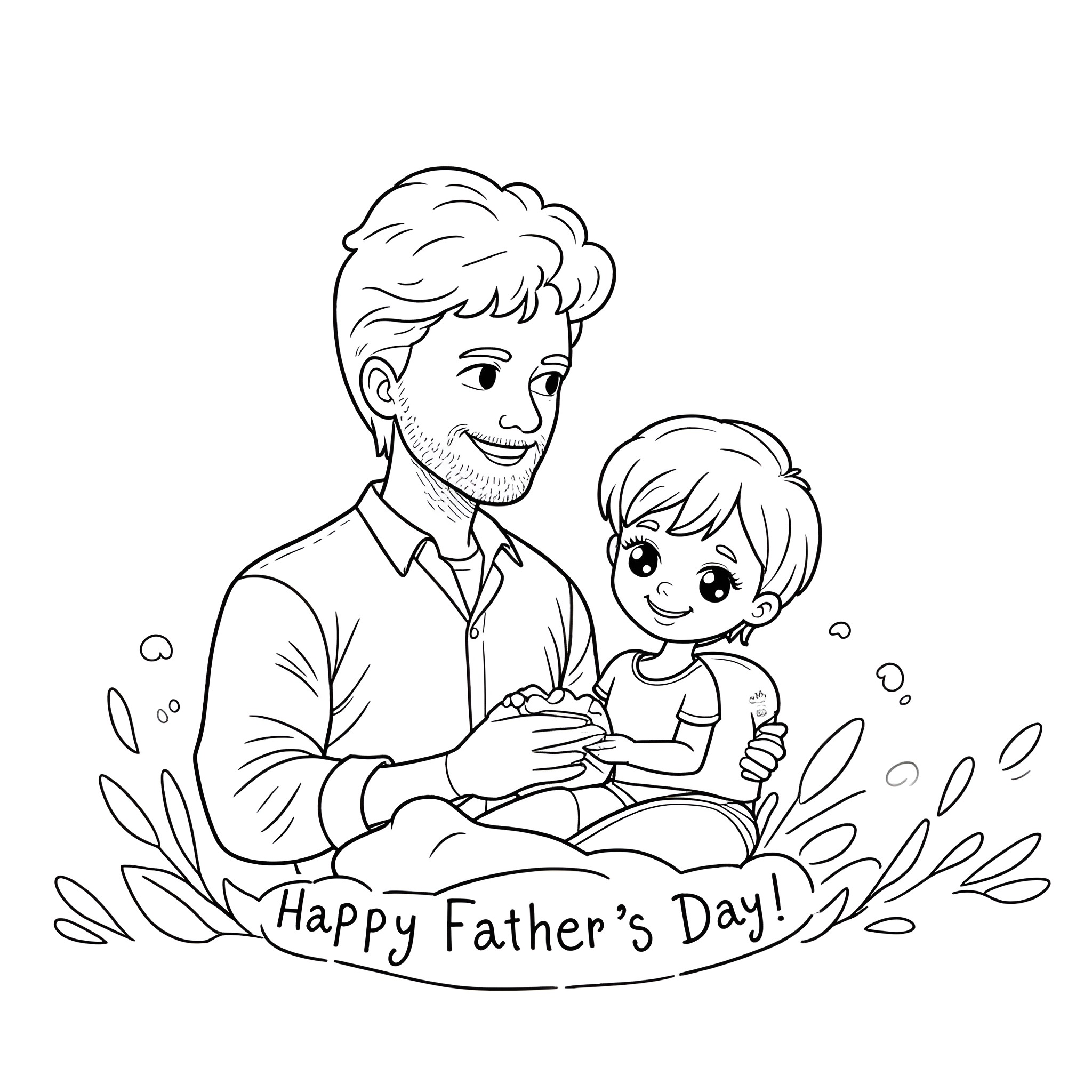 Father and son enjoying outdoor time together Coloring Page (free black-and-white line drawing printable PDF for all, from beginners to advanced learners, including children, teens, adults, and seniors)