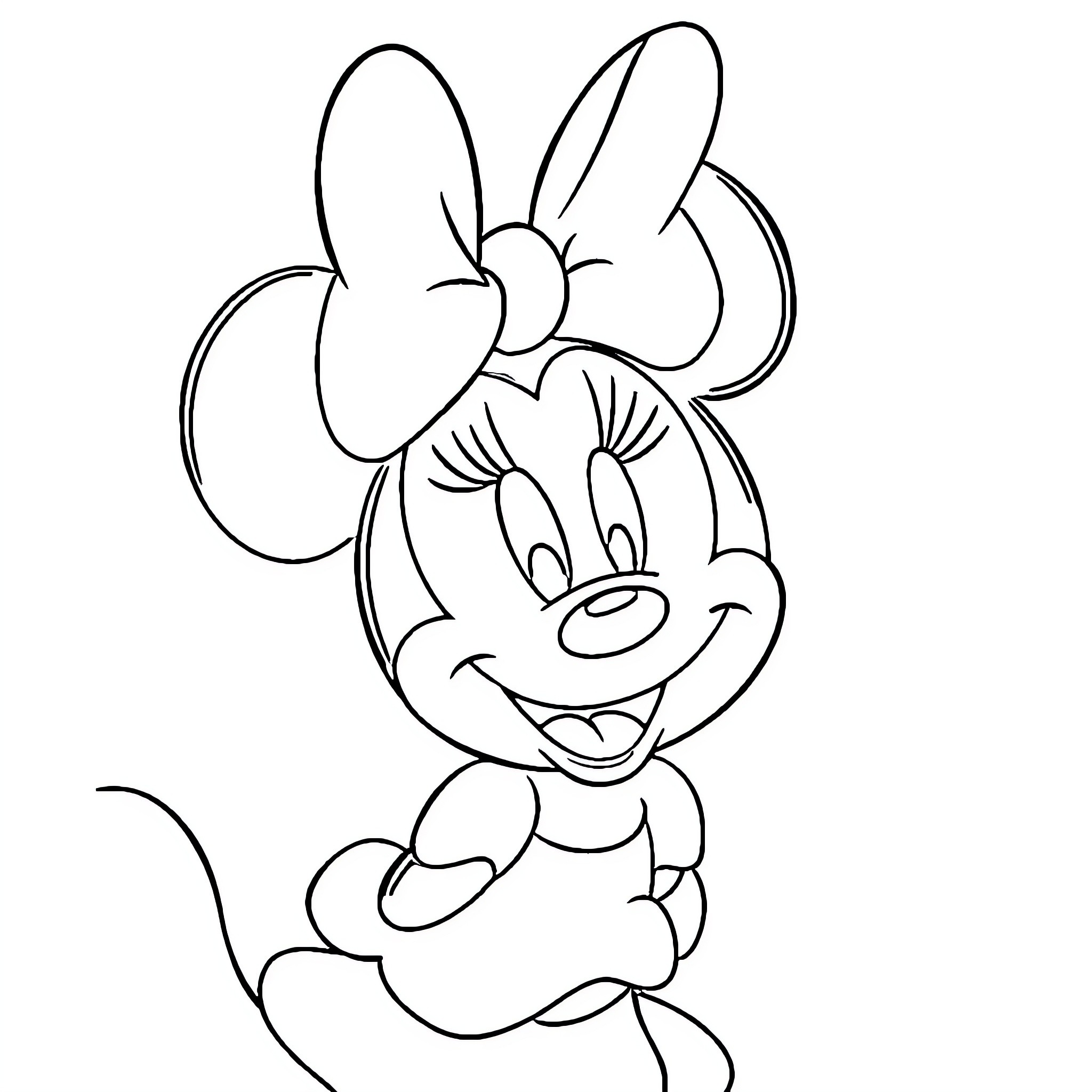 Minnie Mouse smiling and posing happily Coloring Page (free black-and-white line drawing printable PDF for all, from beginners to advanced learners, including children, teens, adults, and seniors)