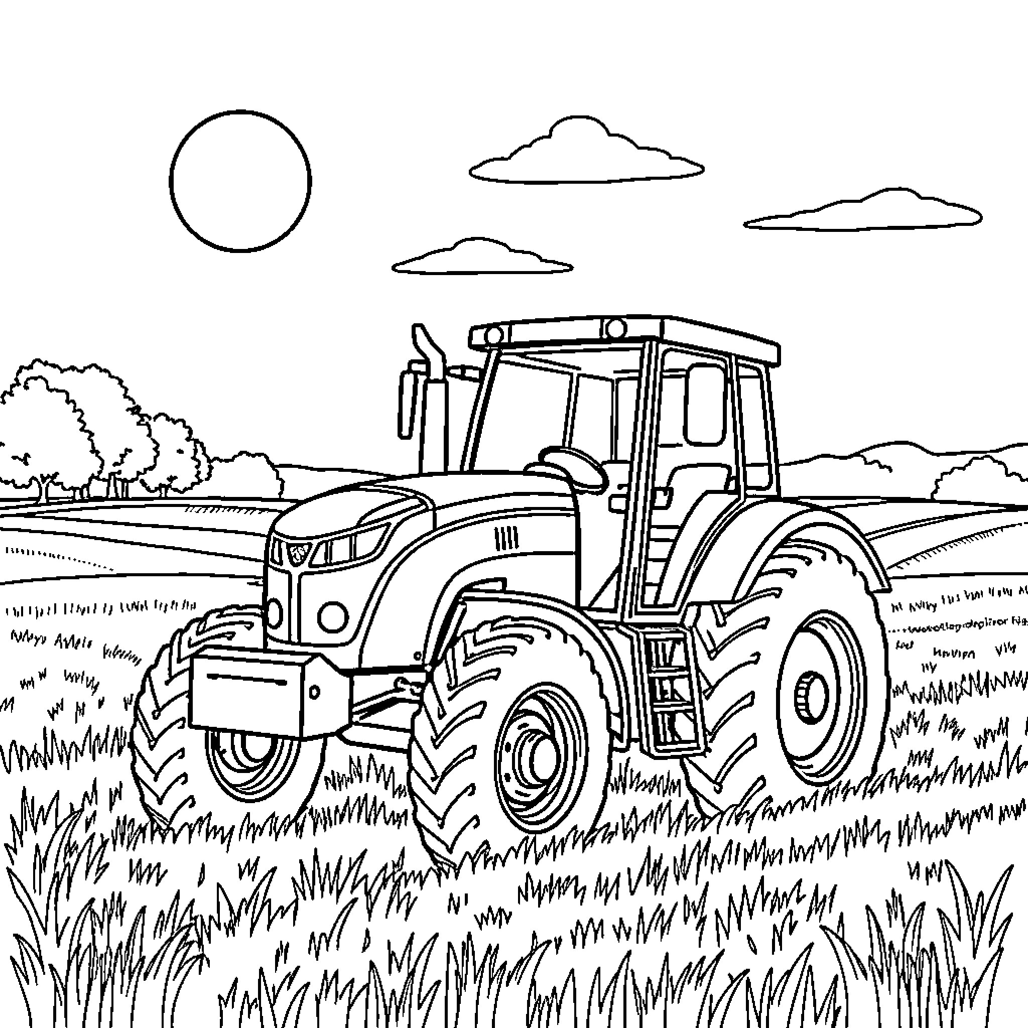 Tractor working in the countryside Coloring Page (free black-and-white line drawing printable PDF for all, from beginners to advanced learners, including children, teens, adults, and seniors)