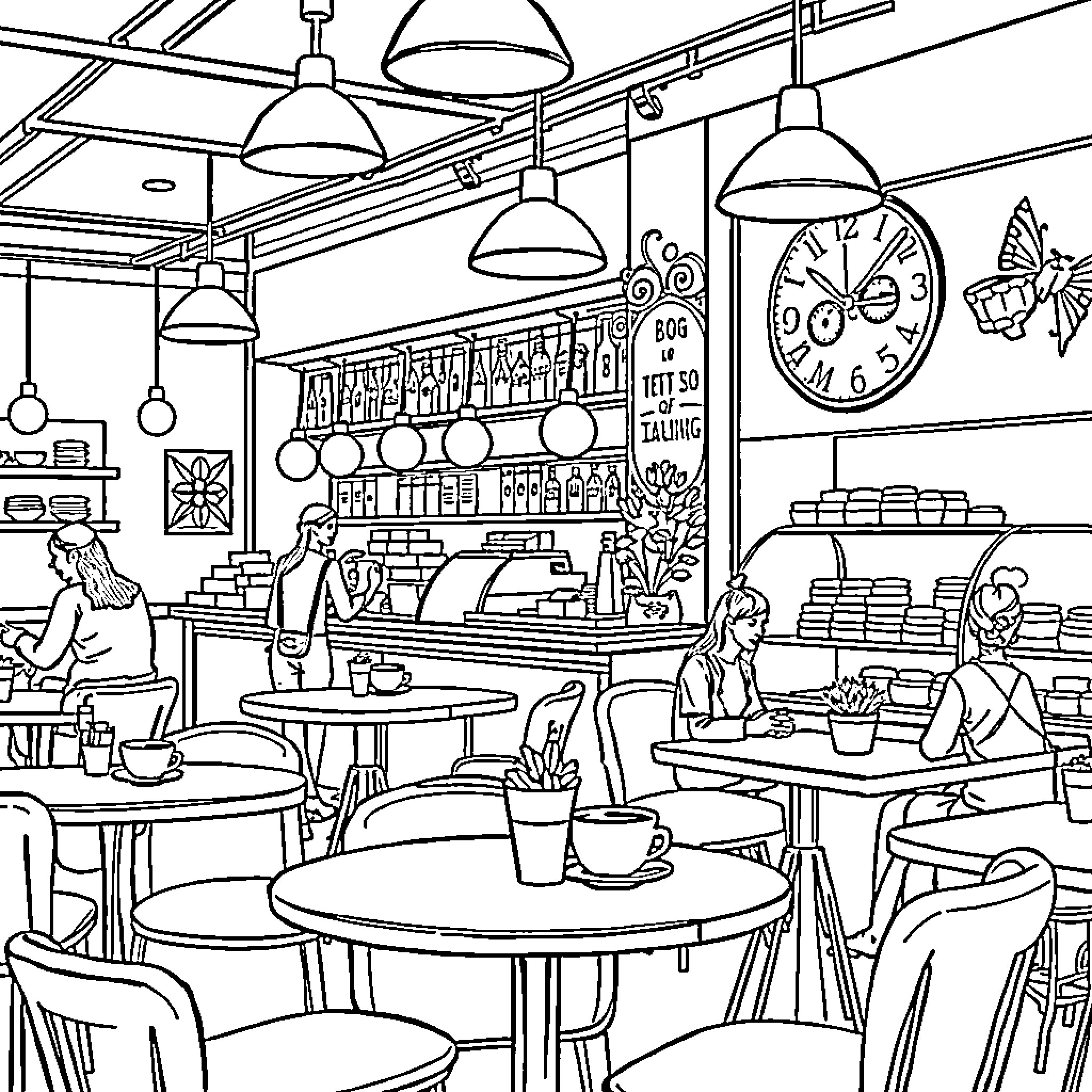 Cafe with Busy Patrons and Lively Decor Coloring Page (free black-and-white line drawing printable PDF for all, from beginners to advanced learners, including children, teens, adults, and seniors)