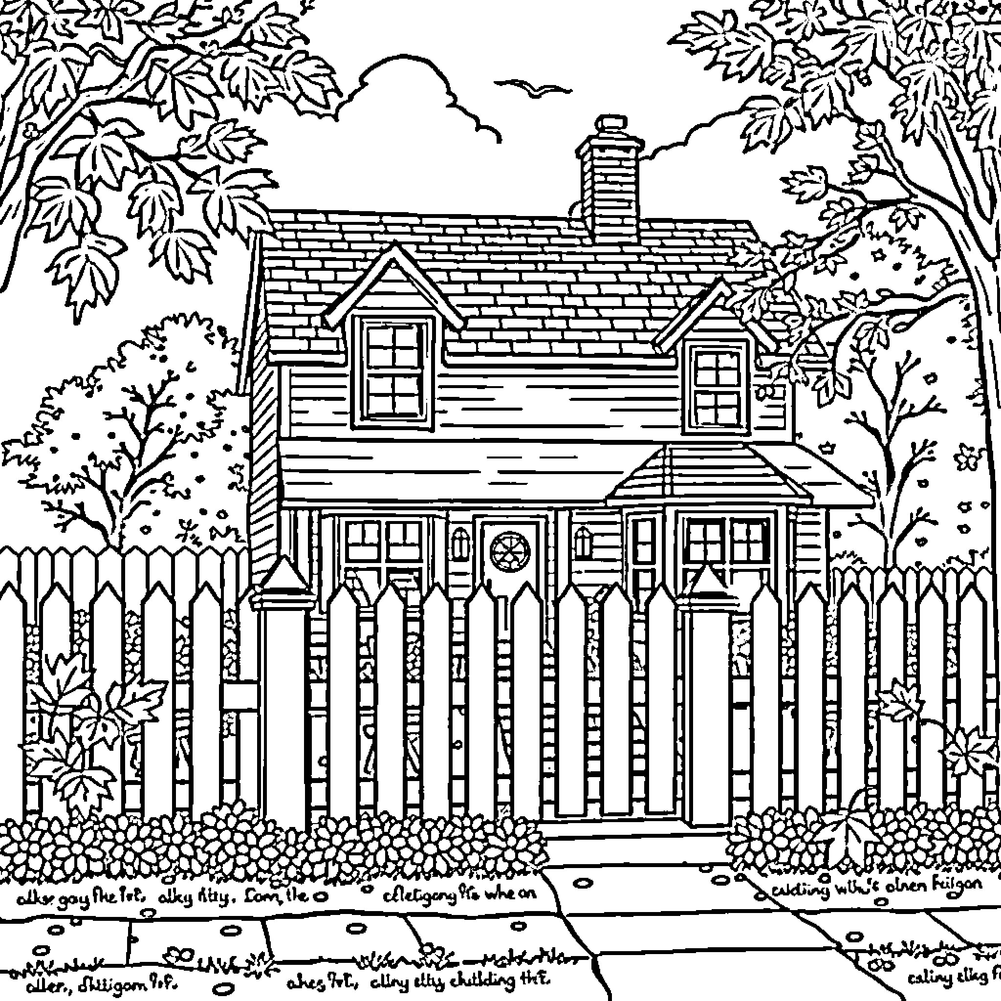 Home in a Lush Outdoor Setting Coloring Page (free black-and-white line drawing printable PDF for all, from beginners to advanced learners, including children, teens, adults, and seniors)
