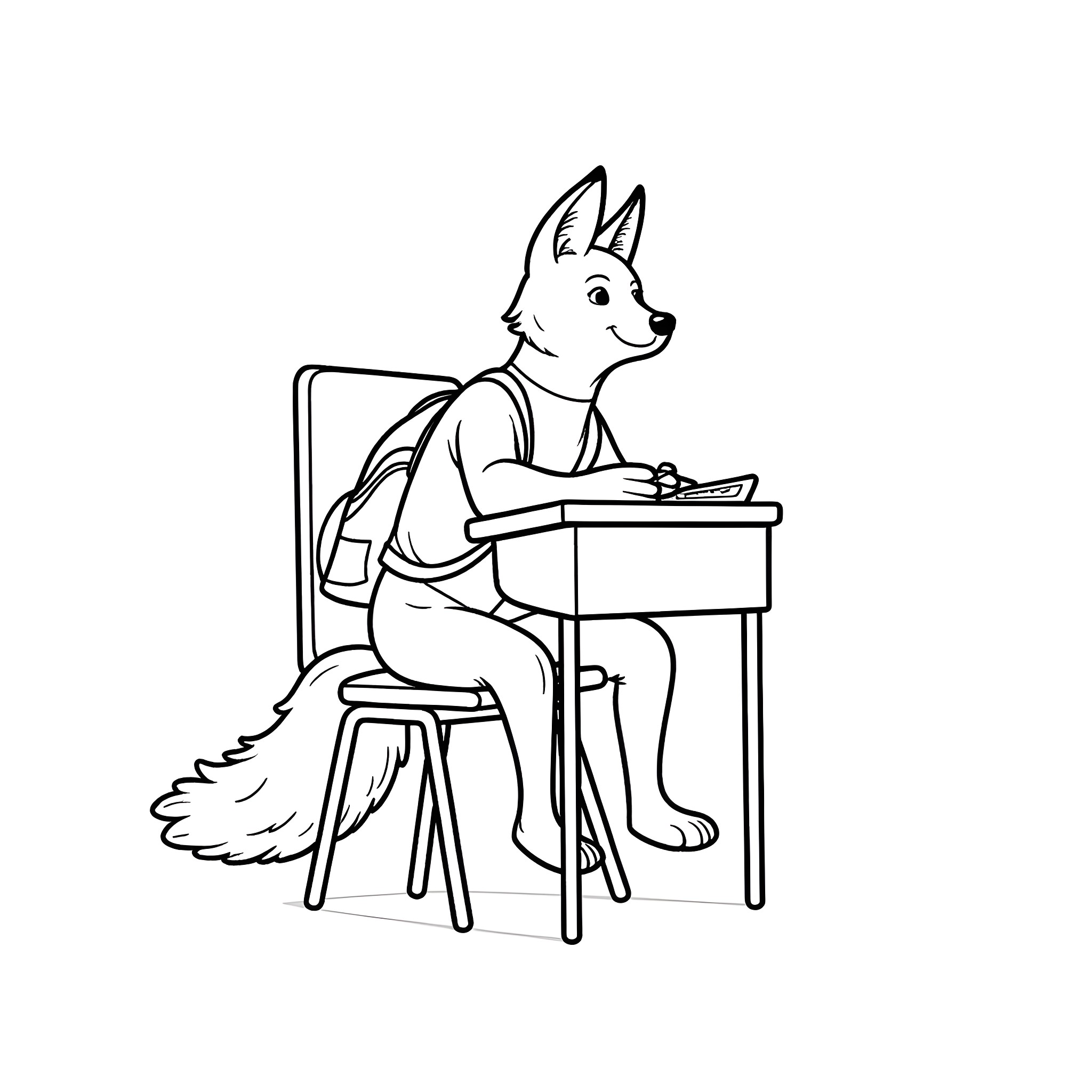 Fox studying diligently at the desk Coloring Page (free black-and-white line drawing printable PDF for all, from beginners to advanced learners, including children, teens, adults, and seniors)