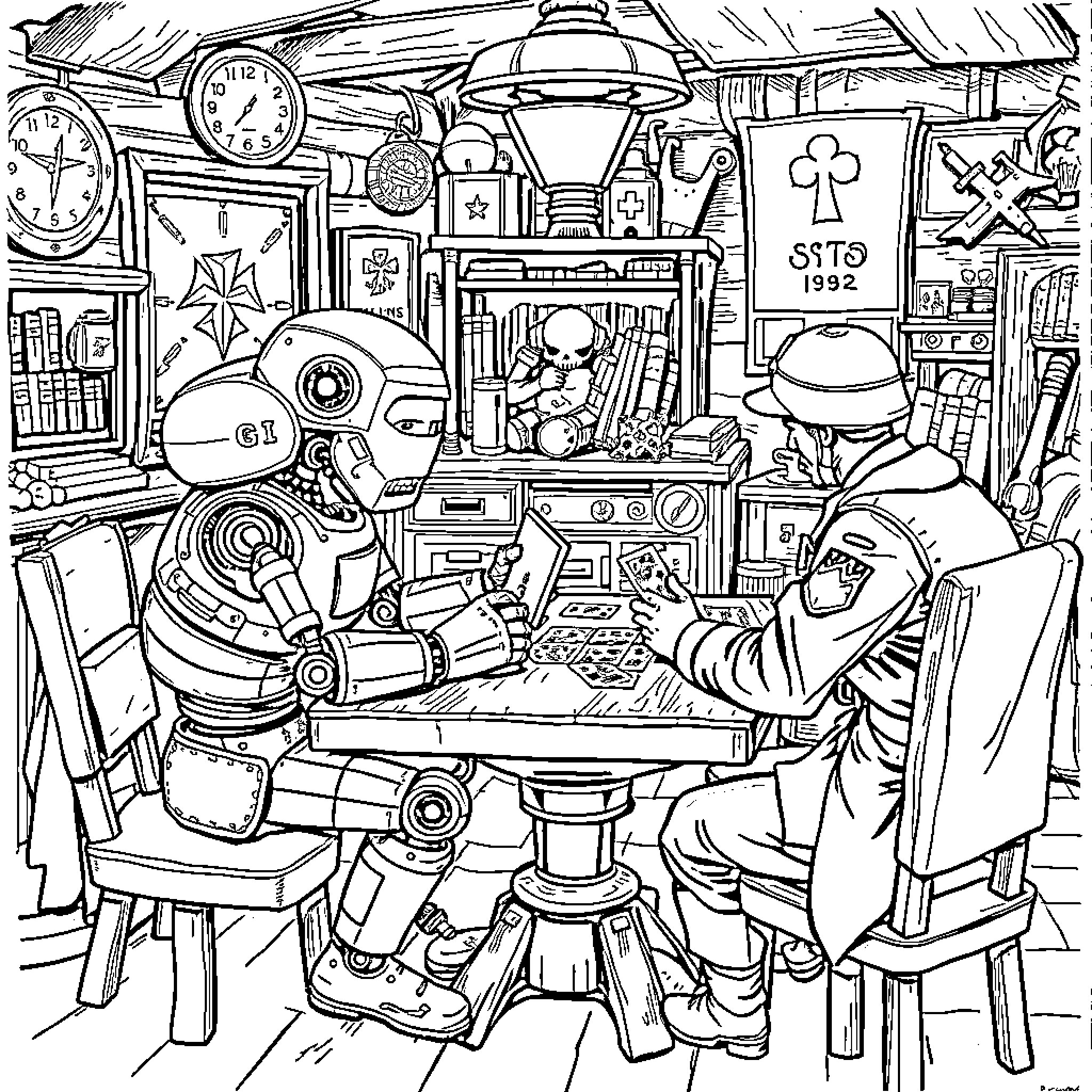 Robot Scientists Conducting Research in a Cluttered Laboratory Coloring Page (free black-and-white line drawing printable PDF for all, from beginners to advanced learners, including children, teens, adults, and seniors)