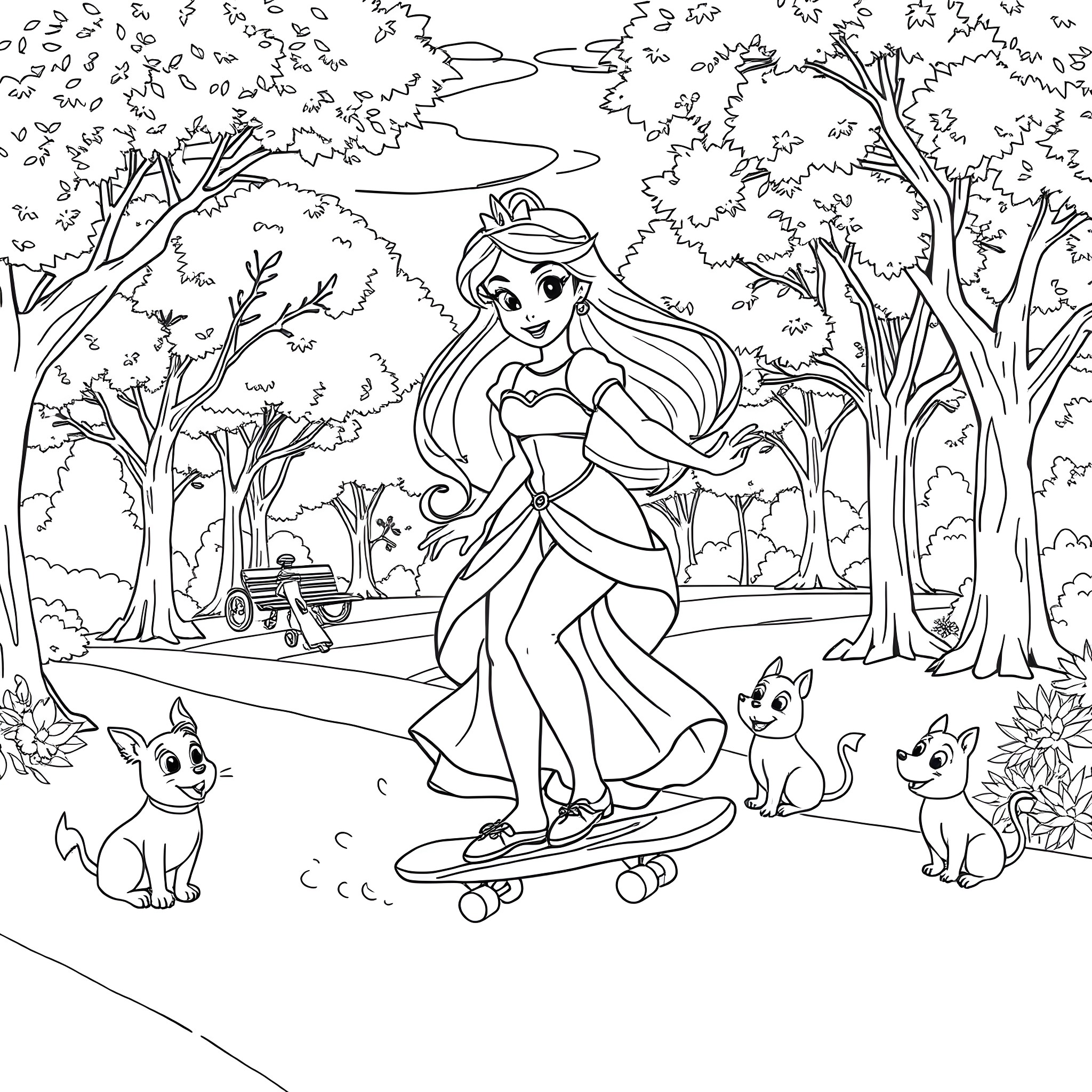 Disney Princess Skating in the Forest Surrounded by Pets Coloring Page (free black-and-white line drawing printable PDF for all, from beginners to advanced learners, including children, teens, adults, and seniors)