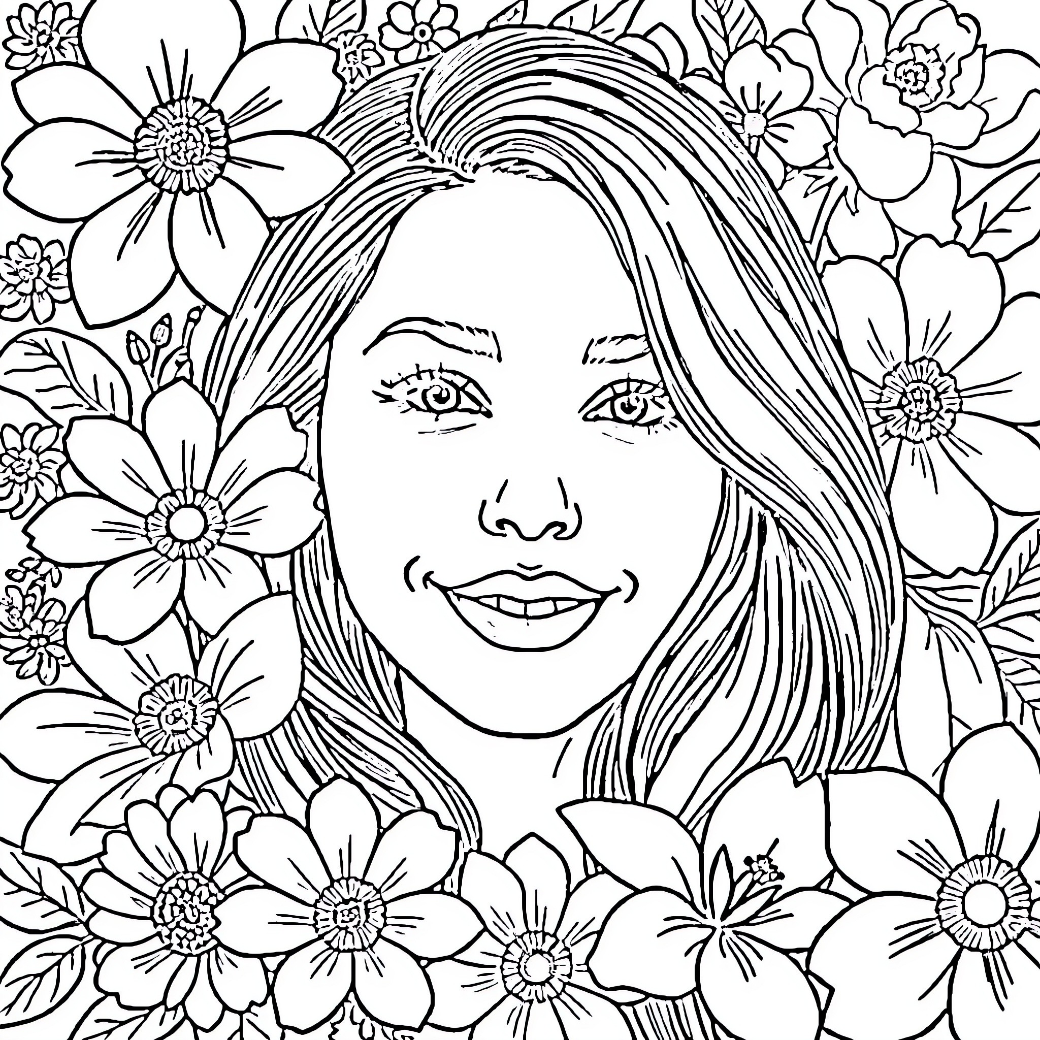 Nicki's Floral Daydream Coloring Page (free black-and-white line drawing printable PDF for all, from beginners to advanced learners, including children, teens, adults, and seniors)