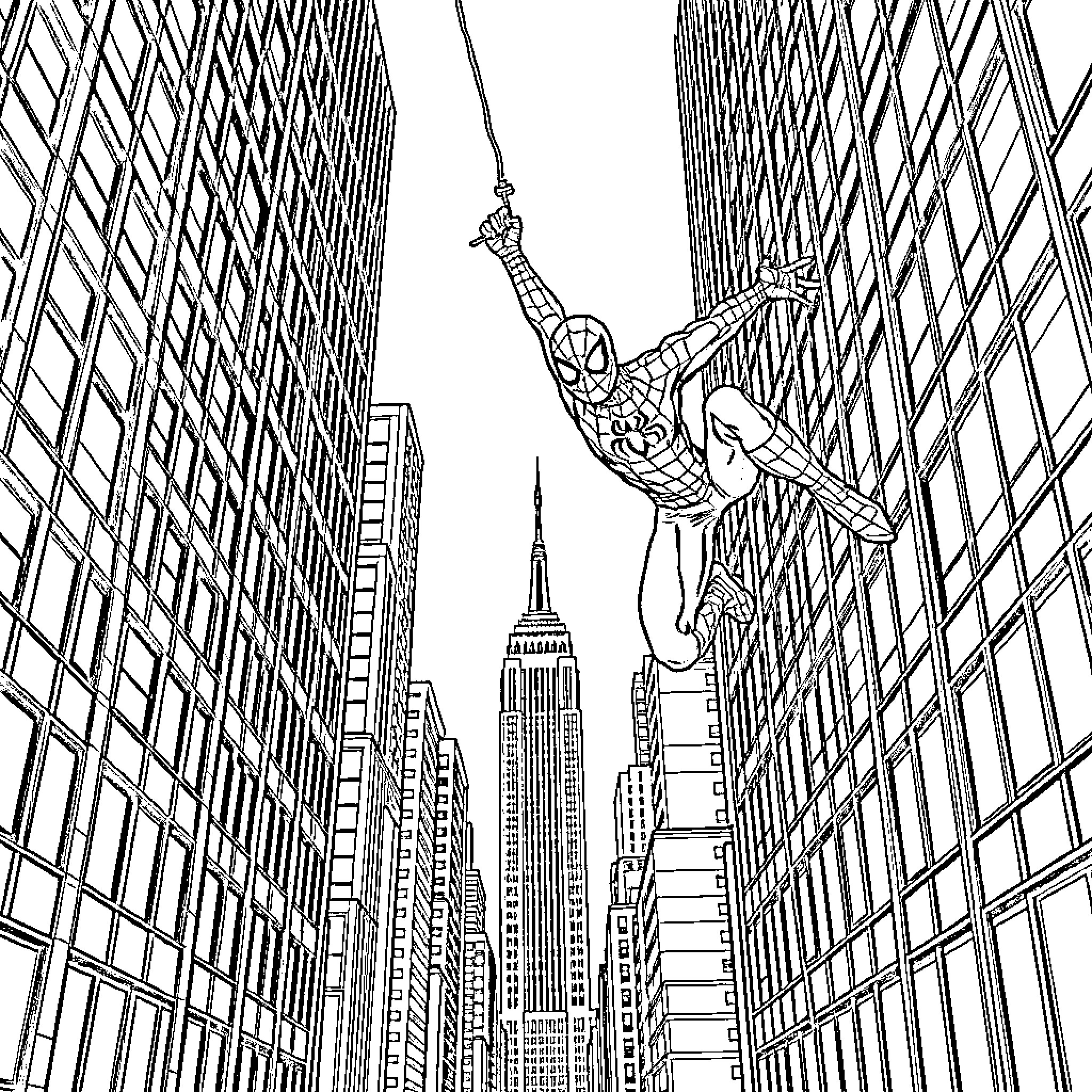Spiderman swinging through the city skyscrapers Coloring Page (free black-and-white line drawing printable PDF for all, from beginners to advanced learners, including children, teens, adults, and seniors)