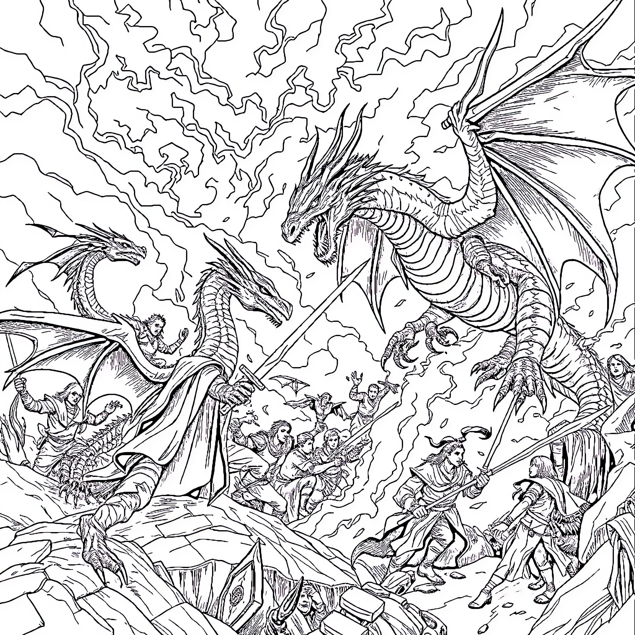 Game of Thrones: Epic Battle of Dragons and Warriors Coloring Page (free black-and-white line drawing printable PDF for all, from beginners to advanced learners, including children, teens, adults, and seniors)